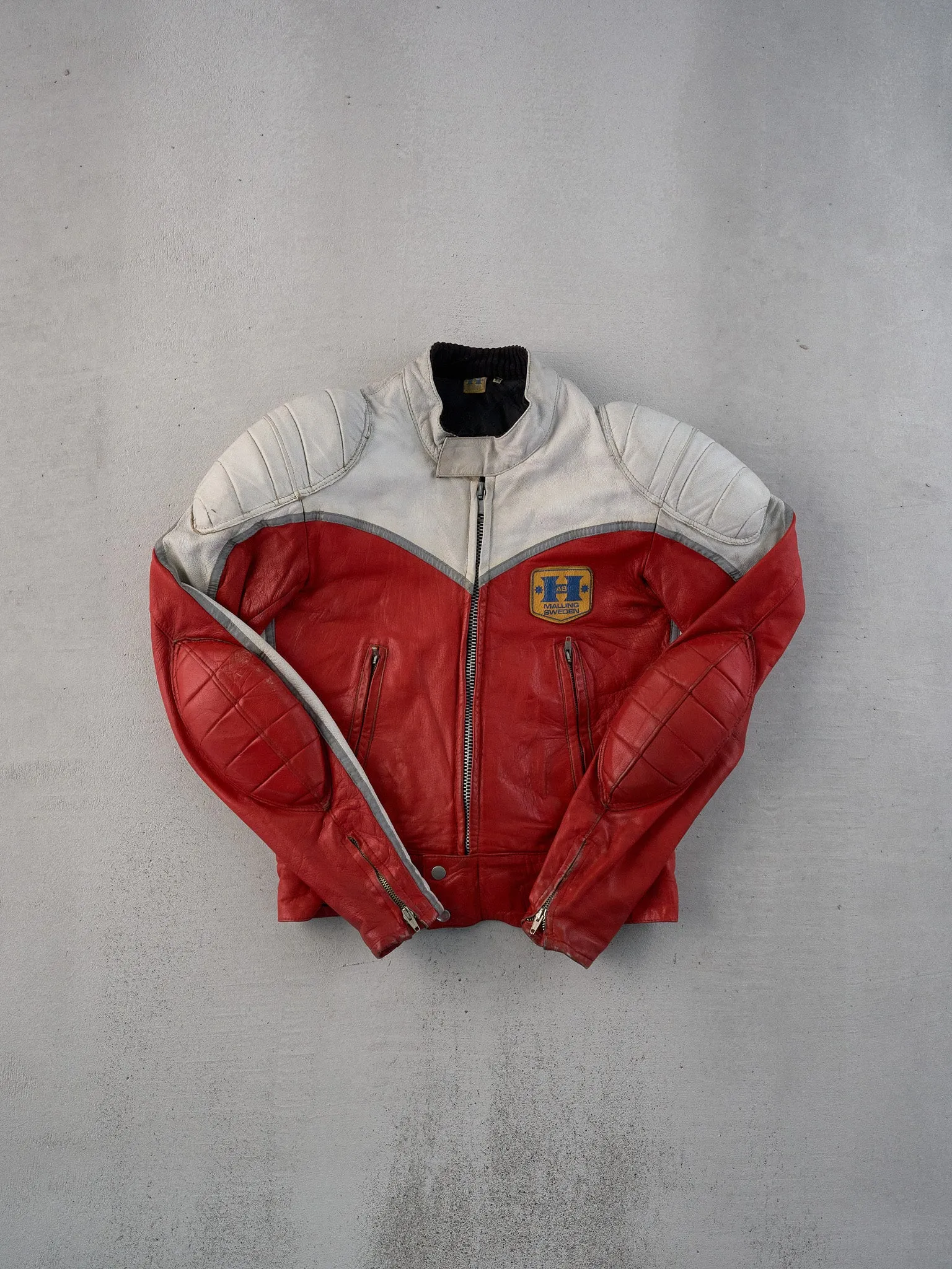 Vintage 70s Red and White Malung Sweden Motorcycle Leather Jacket (M) sold by Rebalance Vintage