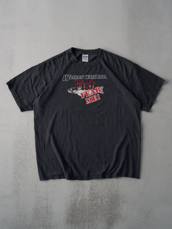 Vintage 90s Black "Women Want Me, Fish Fear Me!" Boxy Tee (L) sold by Rebalance Vintage