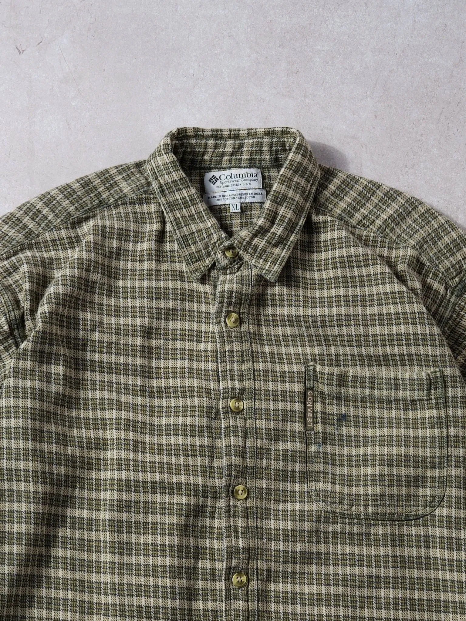 Vintage 90s Beige and Brown Columbia Plaid Collared Button Up (L) sold by Rebalance Vintage product image thumbnail 2