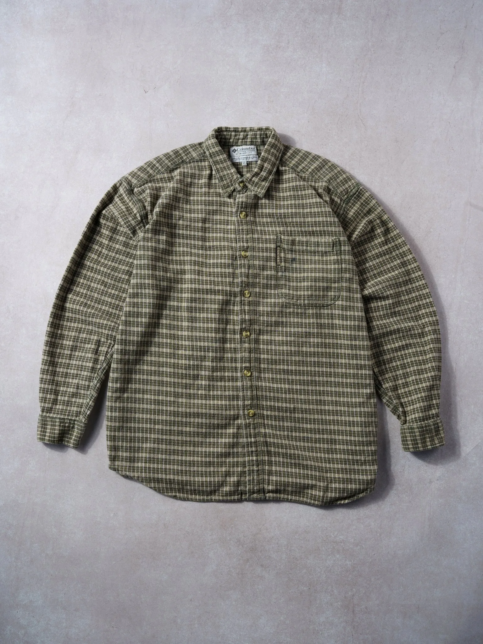 Vintage 90s Beige and Brown Columbia Plaid Collared Button Up (L) sold by Rebalance Vintage