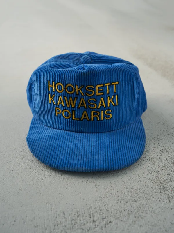 Vintage 80s Blue Corduroy Embroidered Hooksett Kawasaki Snapback Hat sold by Rebalance Vintage