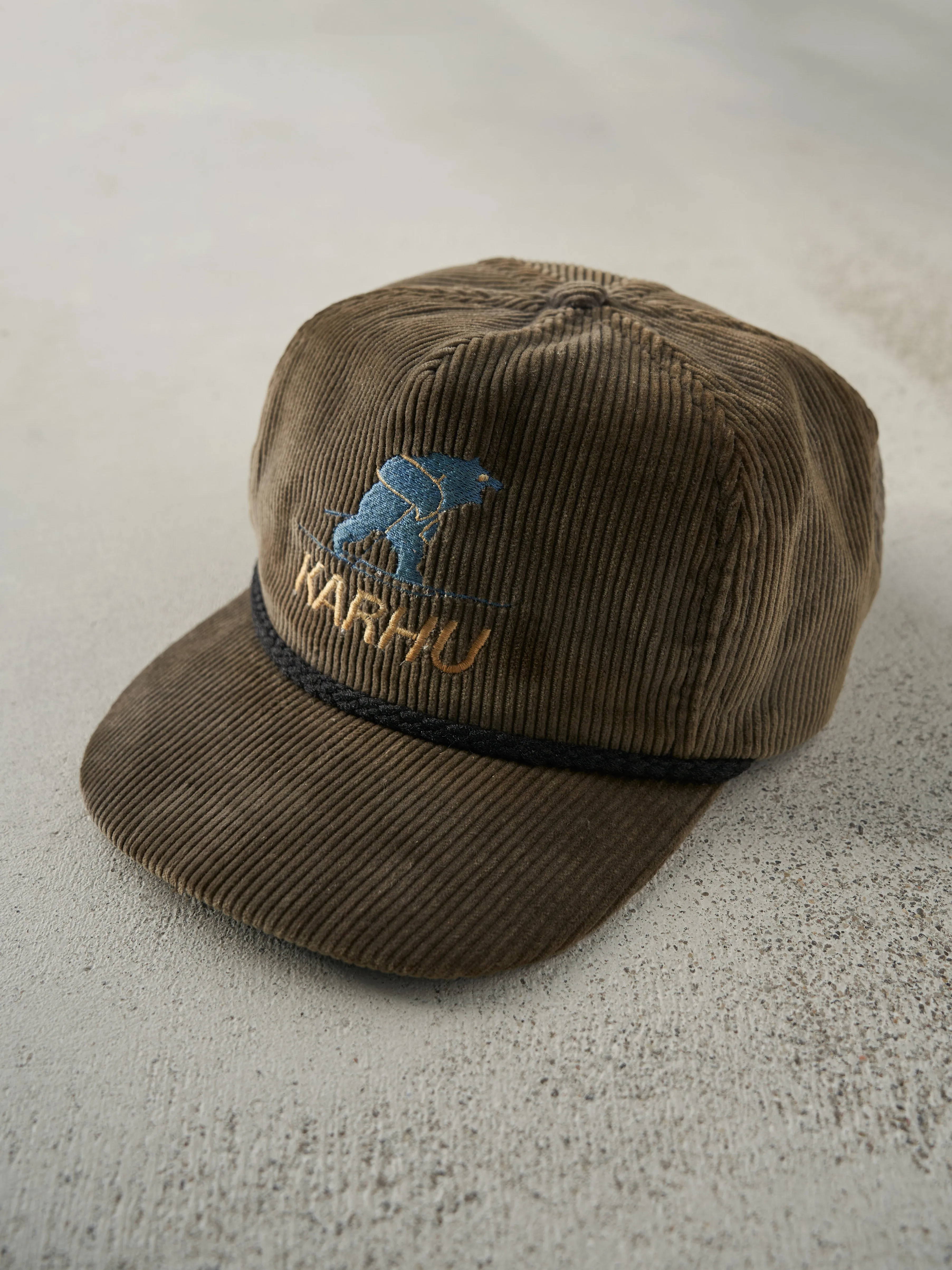 Vintage 80s Brown Embroidered Karhu Corduroy Leather Strap Back Hat sold by Rebalance Vintage product image thumbnail 2