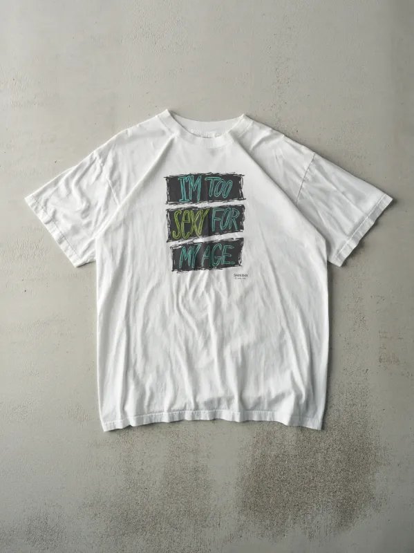 Vintage 90s White "I'm Too Sexy For My Age" Tee (M) sold by Rebalance Vintage