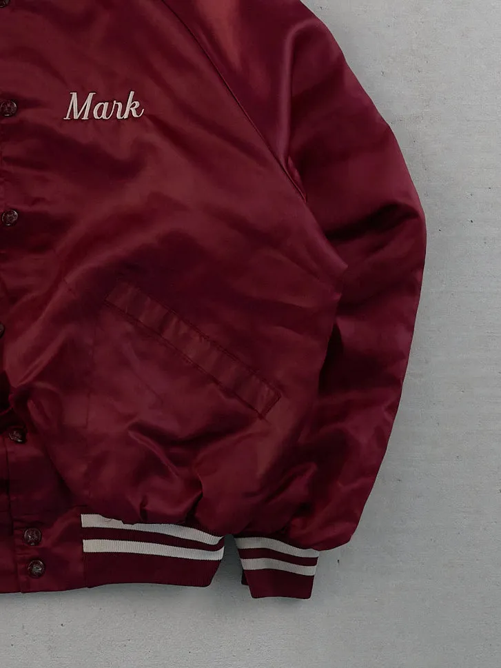 Vintage 90s Maroon Satin Tri Valley Wrestling Mark Bomber Jacket (L) sold by Rebalance Vintage product image thumbnail 3