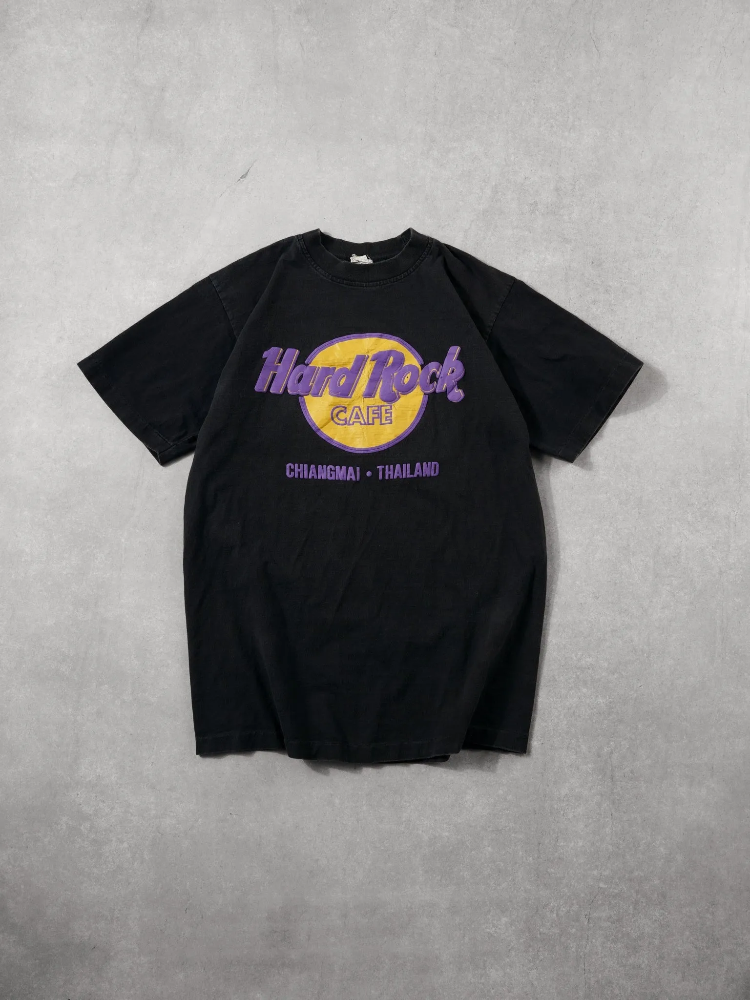 Vintage 90s Black, Purple and Yellow Hard Rock Cafe Chaingmai Thailand Single Stitched Tee (S) sold by Rebalance Vintage