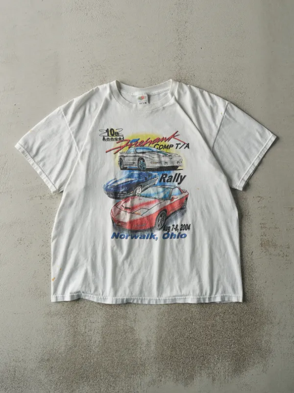 Vintage 04' White Norwalk, Ohio Firehawk Rally Tee (L) sold by Rebalance Vintage