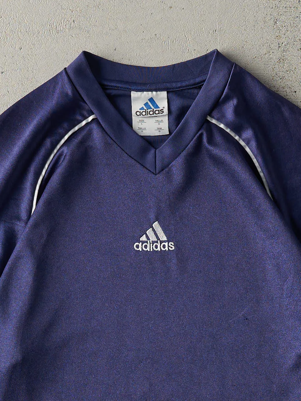 Vintage 90s Navy Blue Adidas Soccer Jersey (M) sold by Rebalance Vintage product image thumbnail 2