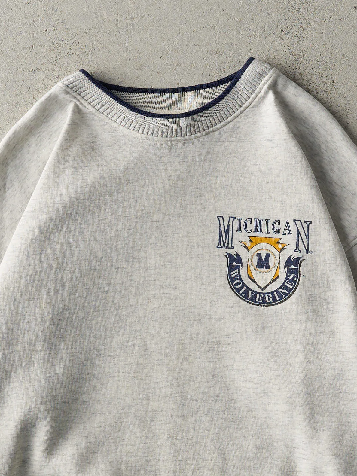 Vintage 90s Heather Grey & Navy University of Michigan Wolverines Crewneck (L) sold by Rebalance Vintage product image thumbnail 2