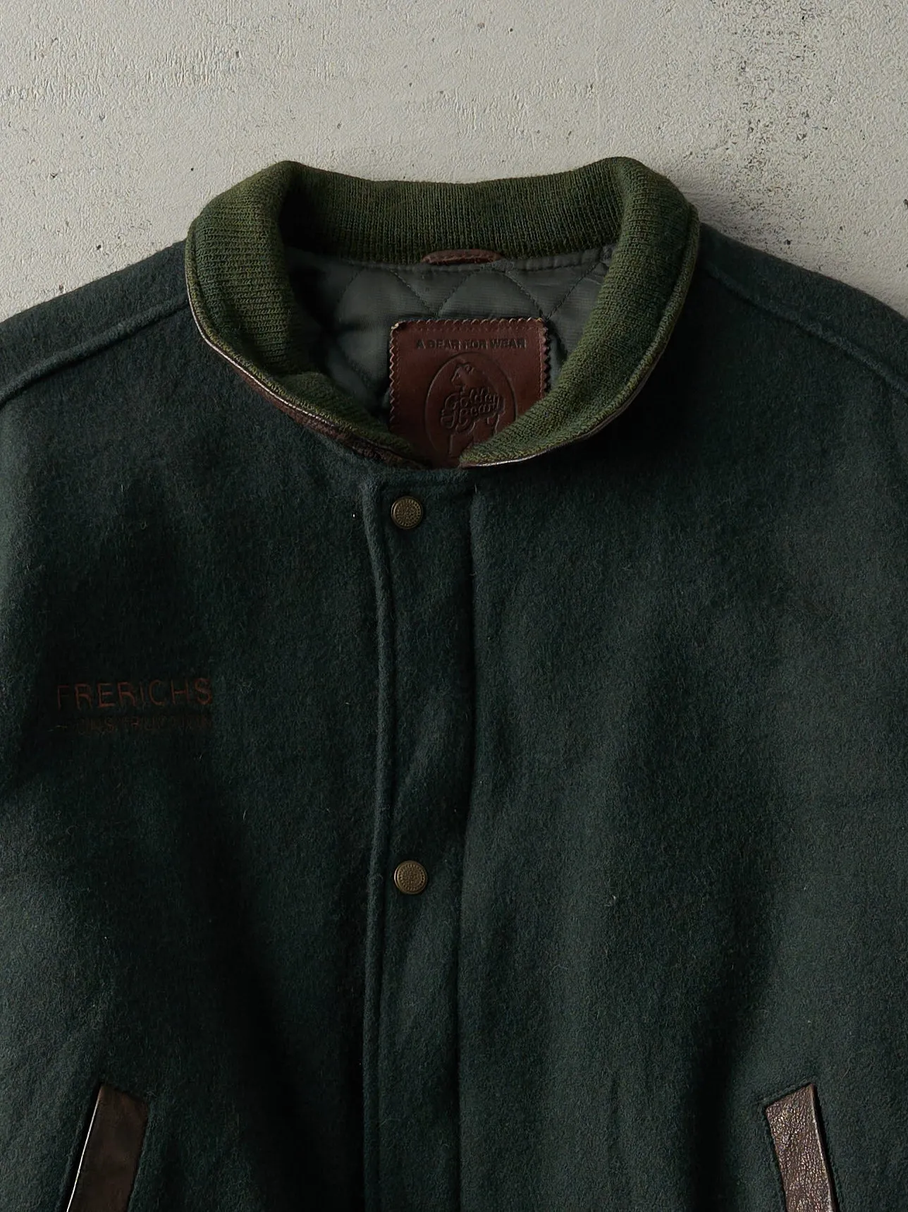 Vintage 80s Green & Brown Embroidered Logo Wool and Leather Varsity Jacket (L) sold by Rebalance Vintage product image thumbnail 3