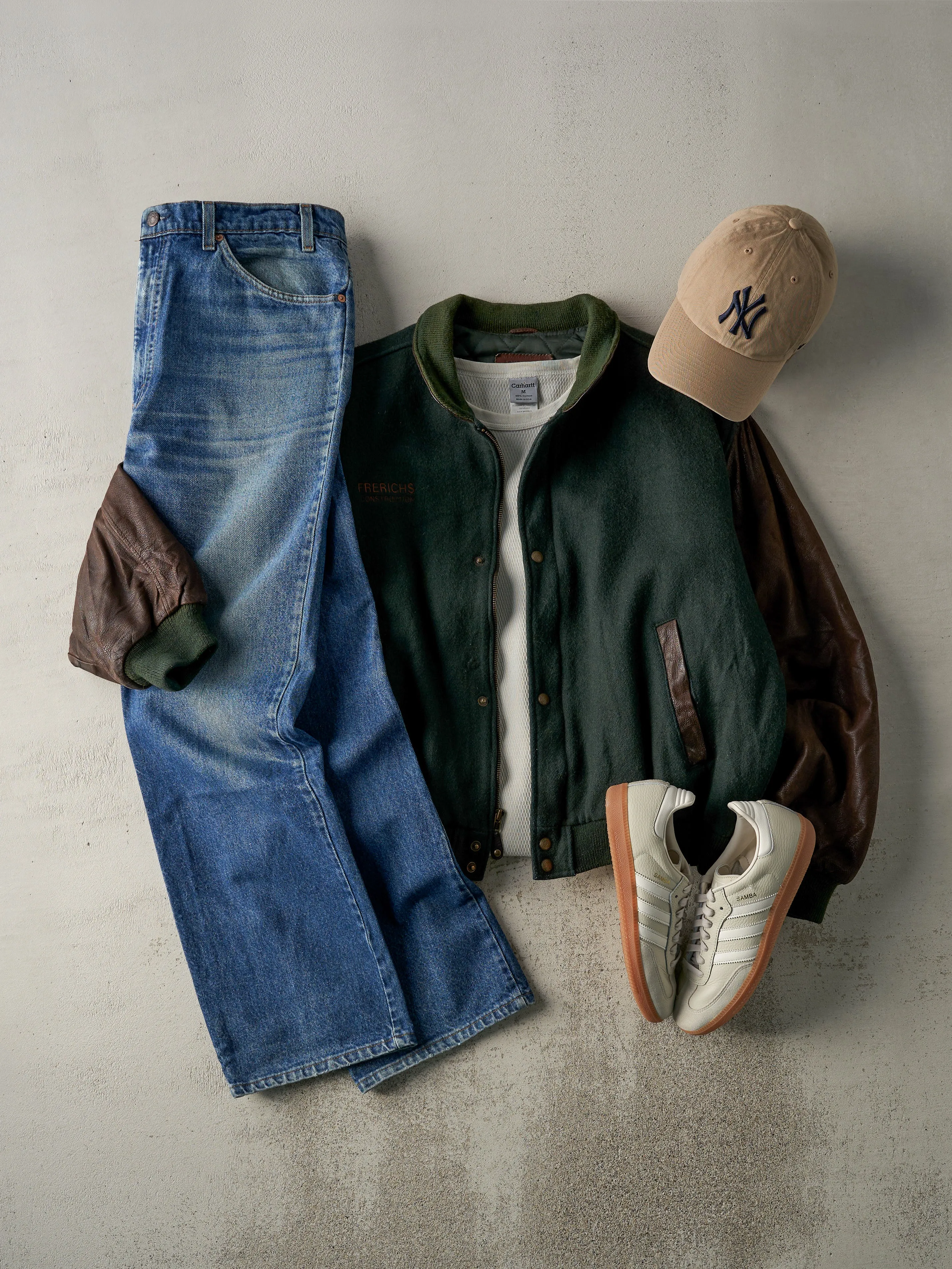 Vintage 80s Green & Brown Embroidered Logo Wool and Leather Varsity Jacket (L) sold by Rebalance Vintage product image thumbnail 2