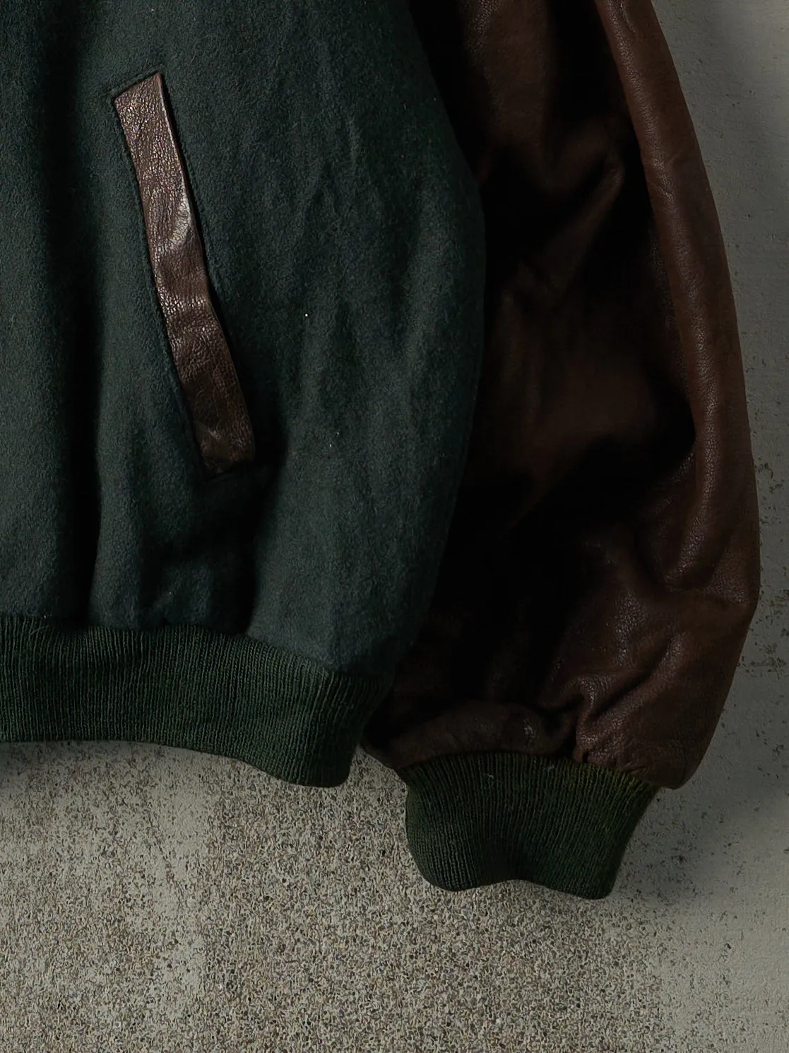 Vintage 80s Green & Brown Embroidered Logo Wool and Leather Varsity Jacket (L) sold by Rebalance Vintage product image thumbnail 4