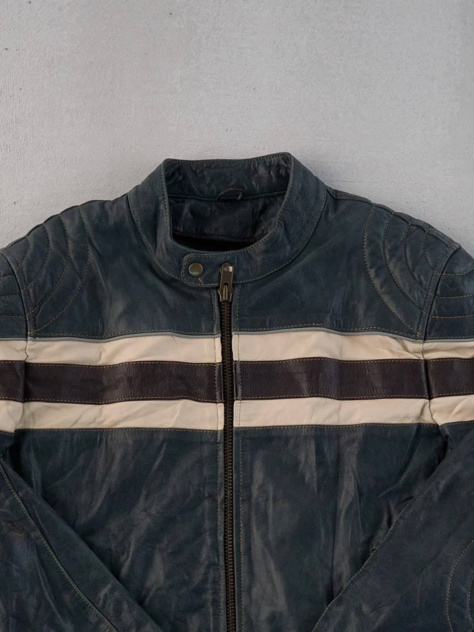 Vintage 90s Green, Black and White Motorcycle Biker Leather Jacket-M sold by Rebalance Vintage product image thumbnail 3