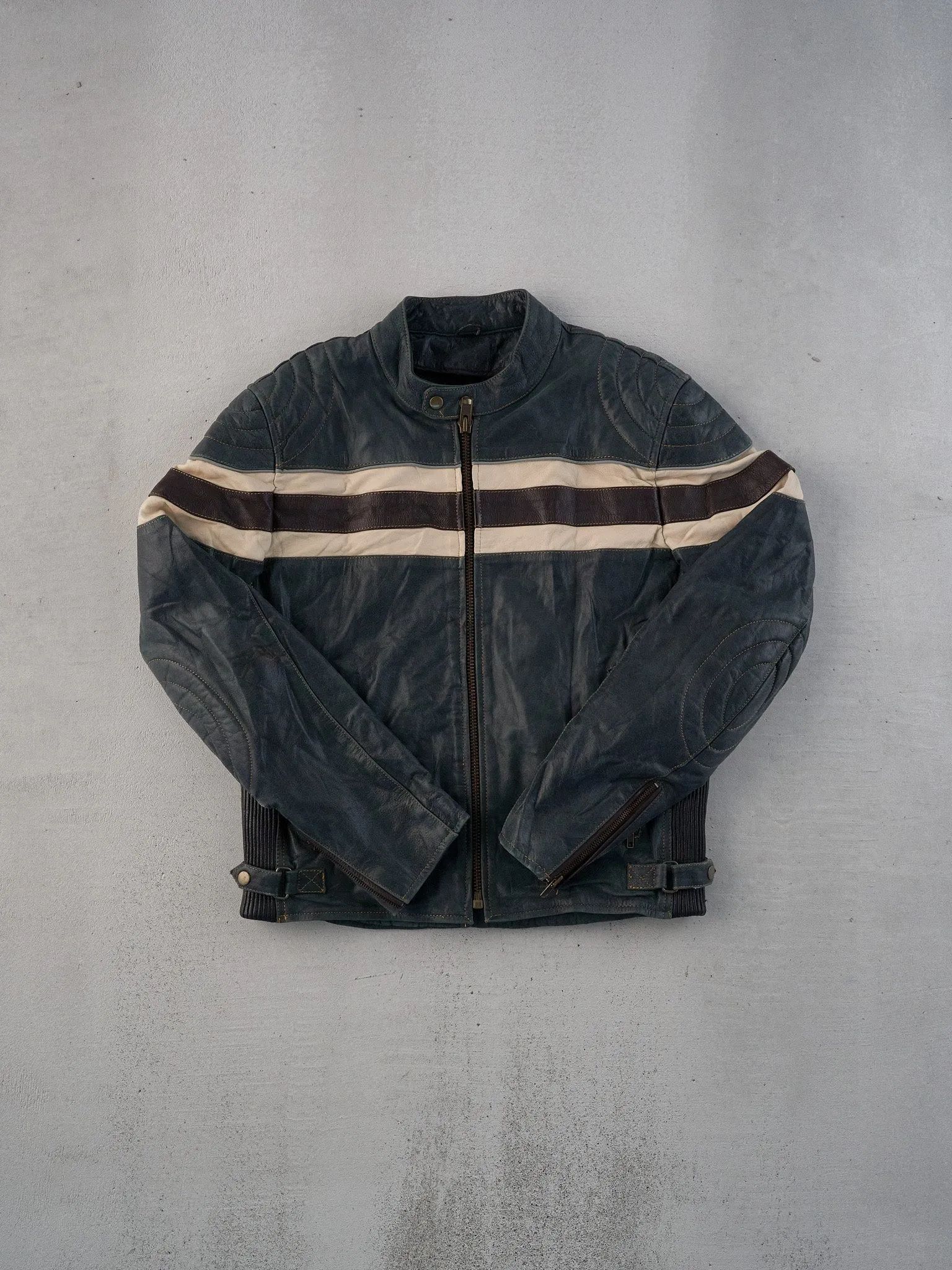 Vintage 90s Green, Black and White Motorcycle Biker Leather Jacket-M sold by Rebalance Vintage