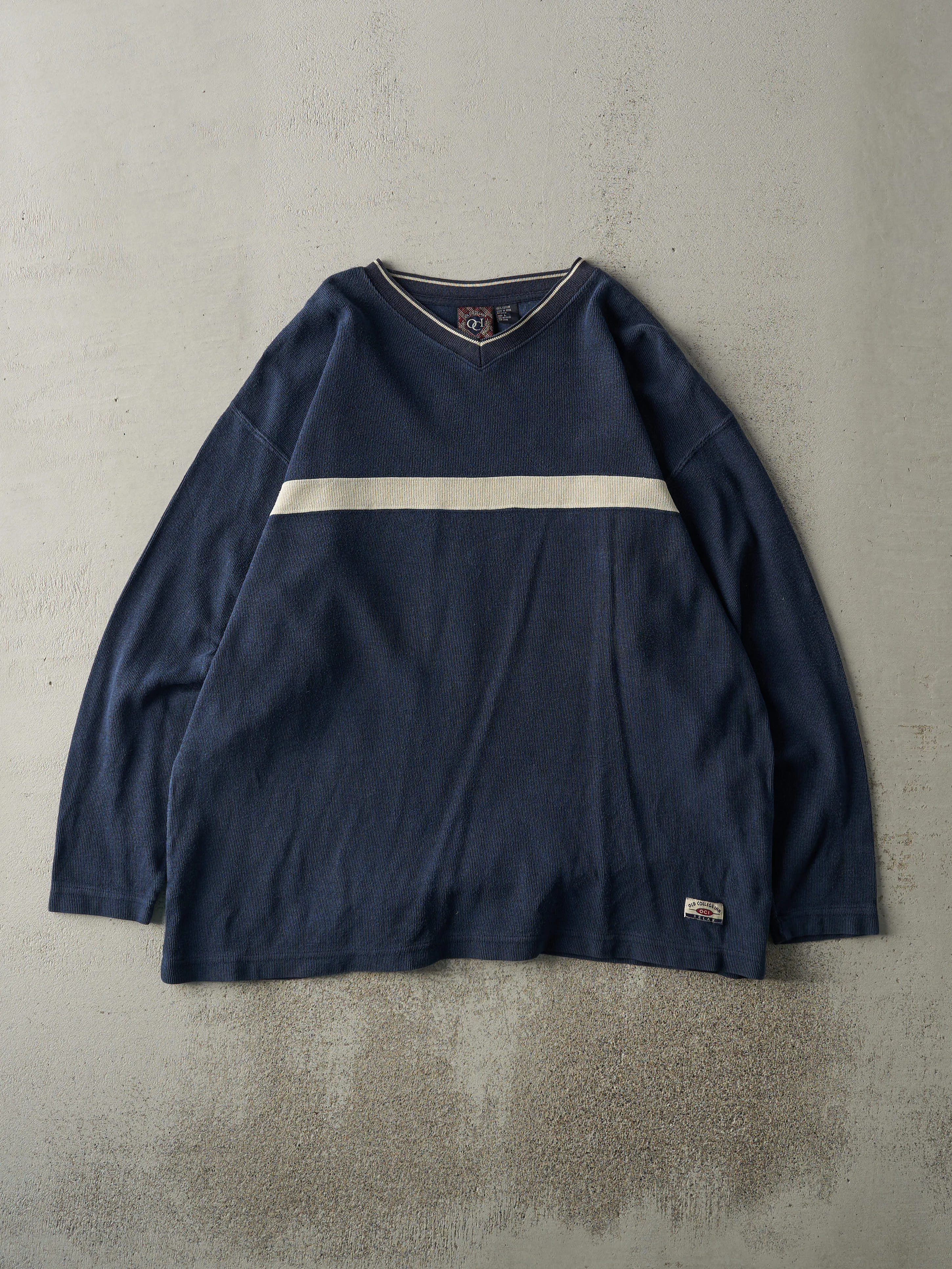 Vintage Y2K Navy Blue & Beige Thermal Long Sleeve (L) sold by Rebalance Vintage