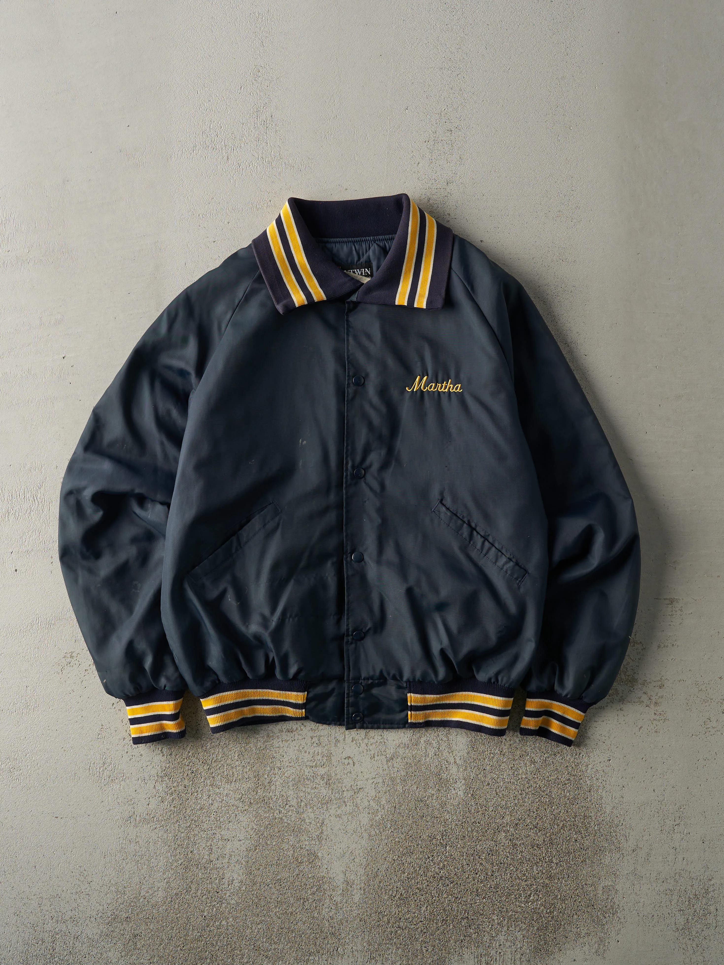 Vintage 90s Navy Blue Northern Waters Electric Nylon Bomber Jacket (L) sold by Rebalance Vintage