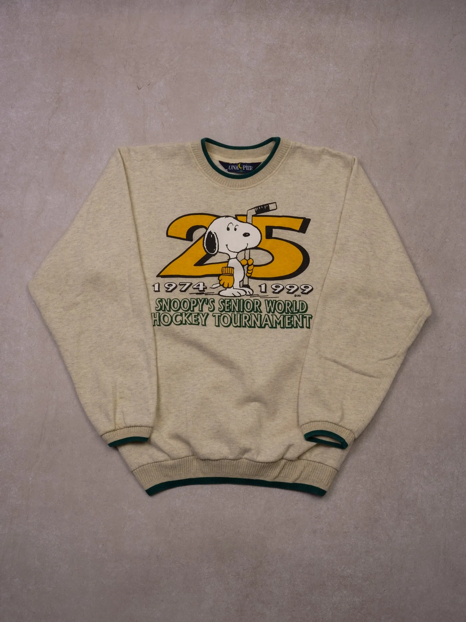 Vintage 90s Grey and Green Snoopy 25th Senior World Hockey Tournament (S/M) sold by Rebalance Vintage