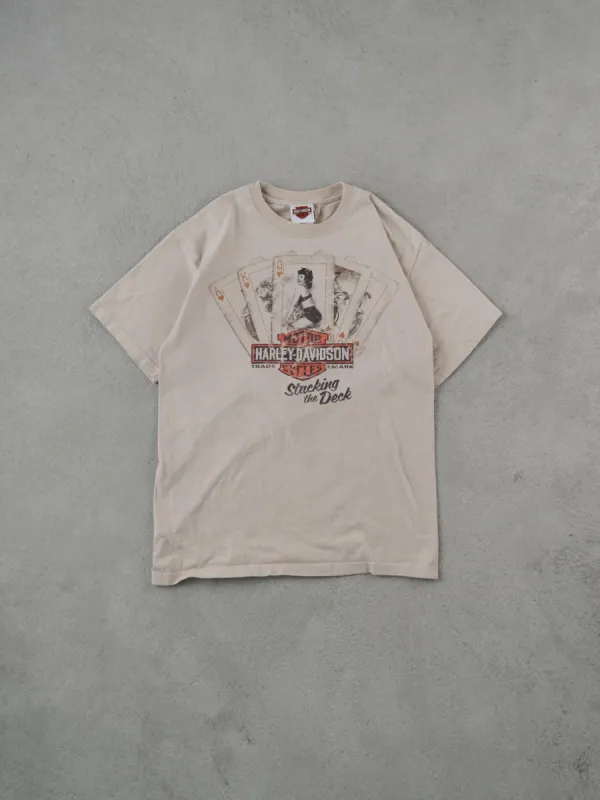 Vintage Y2k Beige Harley Davidson Stacking The Deck Graphic Tee (S) sold by Rebalance Vintage