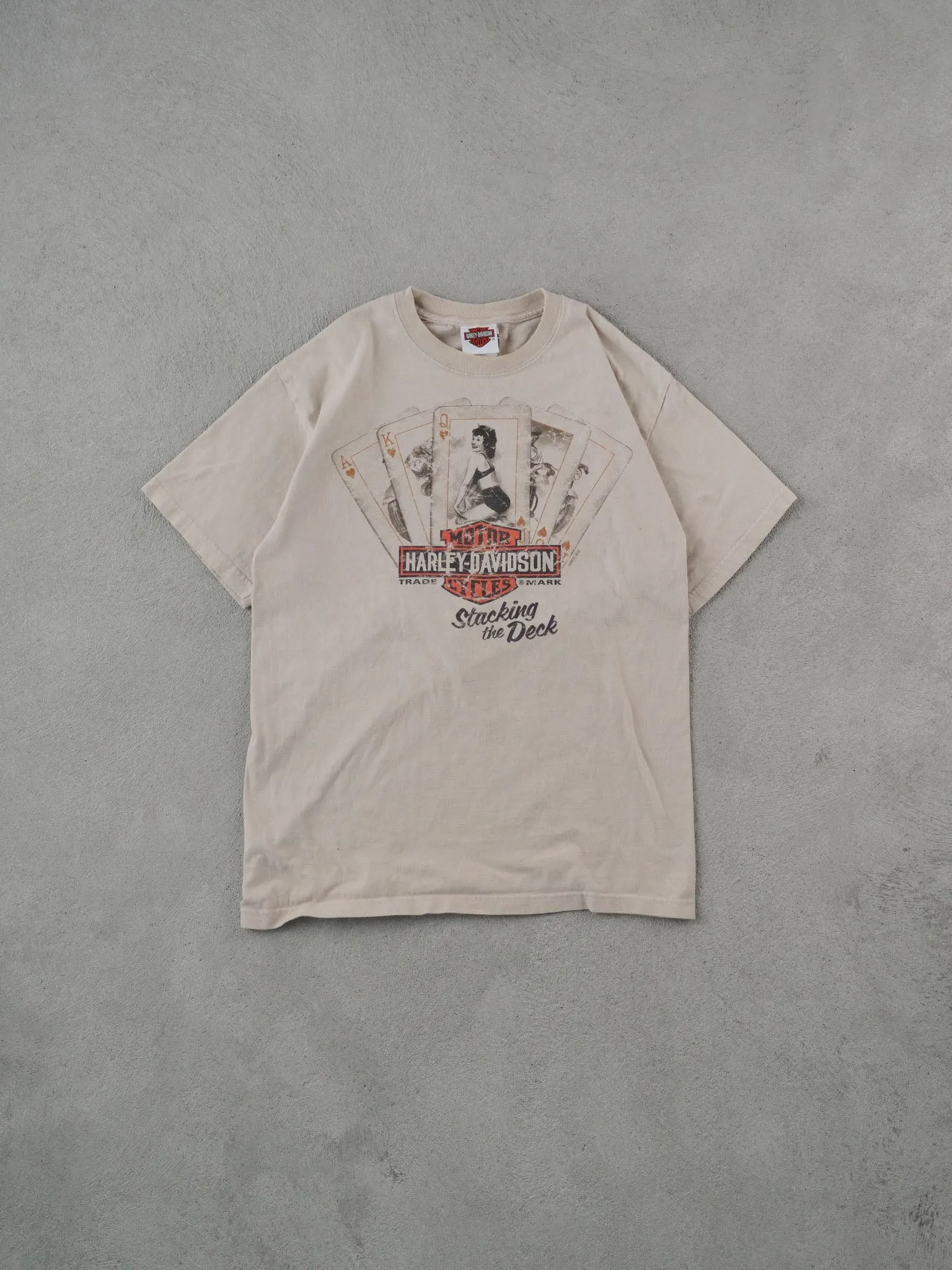 Vintage Y2k Beige Harley Davidson Stacking The Deck Graphic Tee (S) sold by Rebalance Vintage