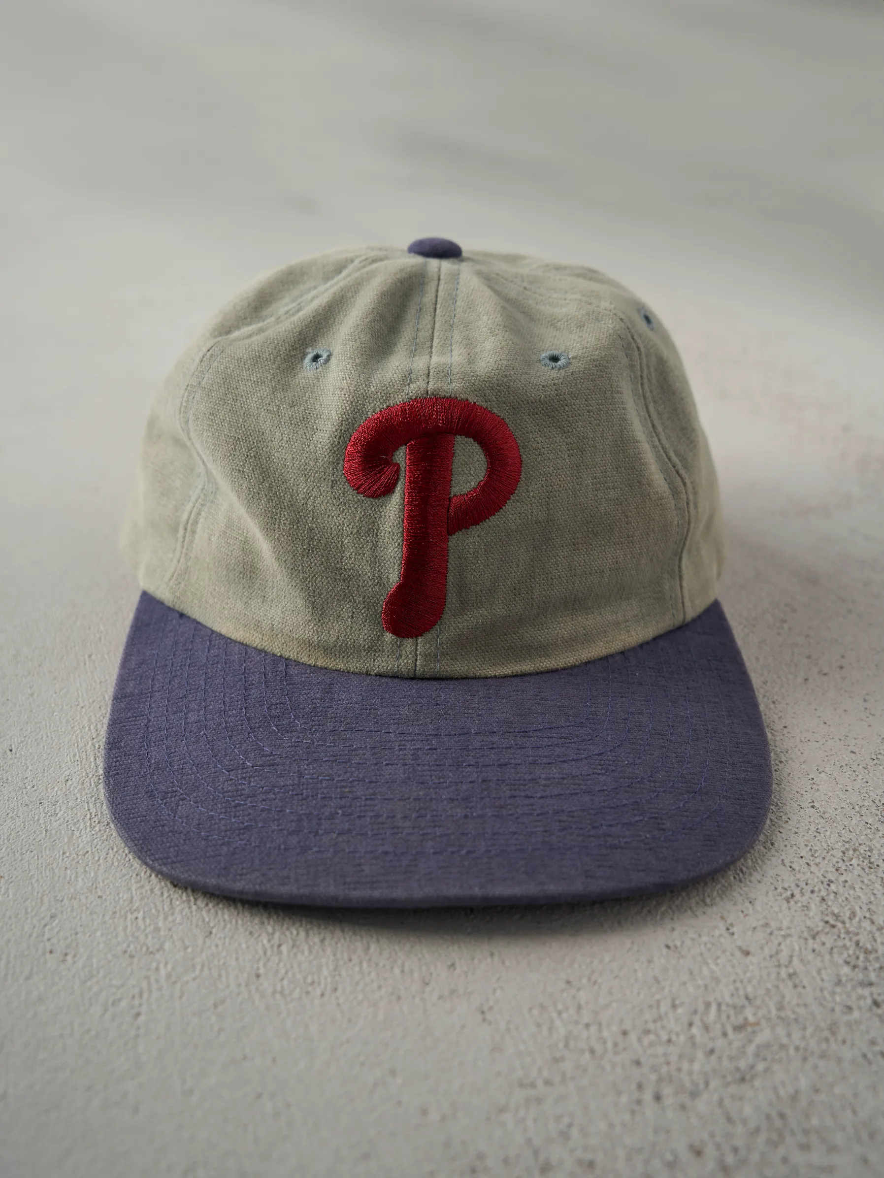 Vintage 90s Beige American Needle Philadelphia Phillies Strap Back Hat sold by Rebalance Vintage