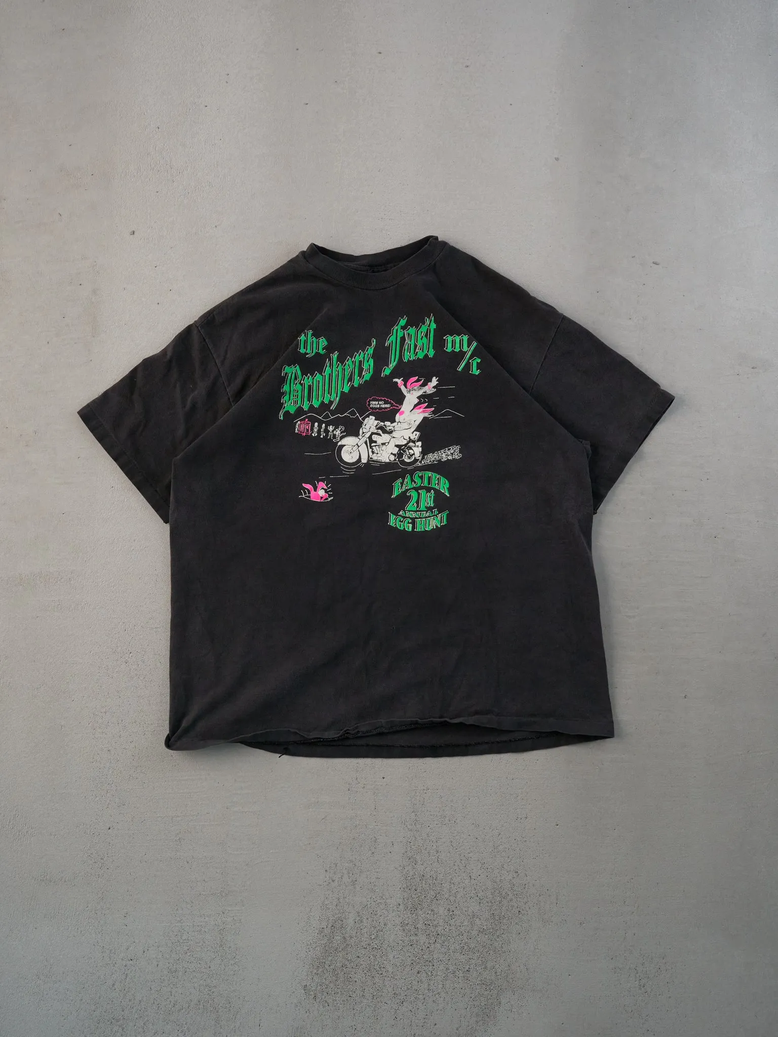 Vintage 90s Washed Black "The Brothers Fast MC" Biker Single Stitch Tee (M) sold by Rebalance Vintage