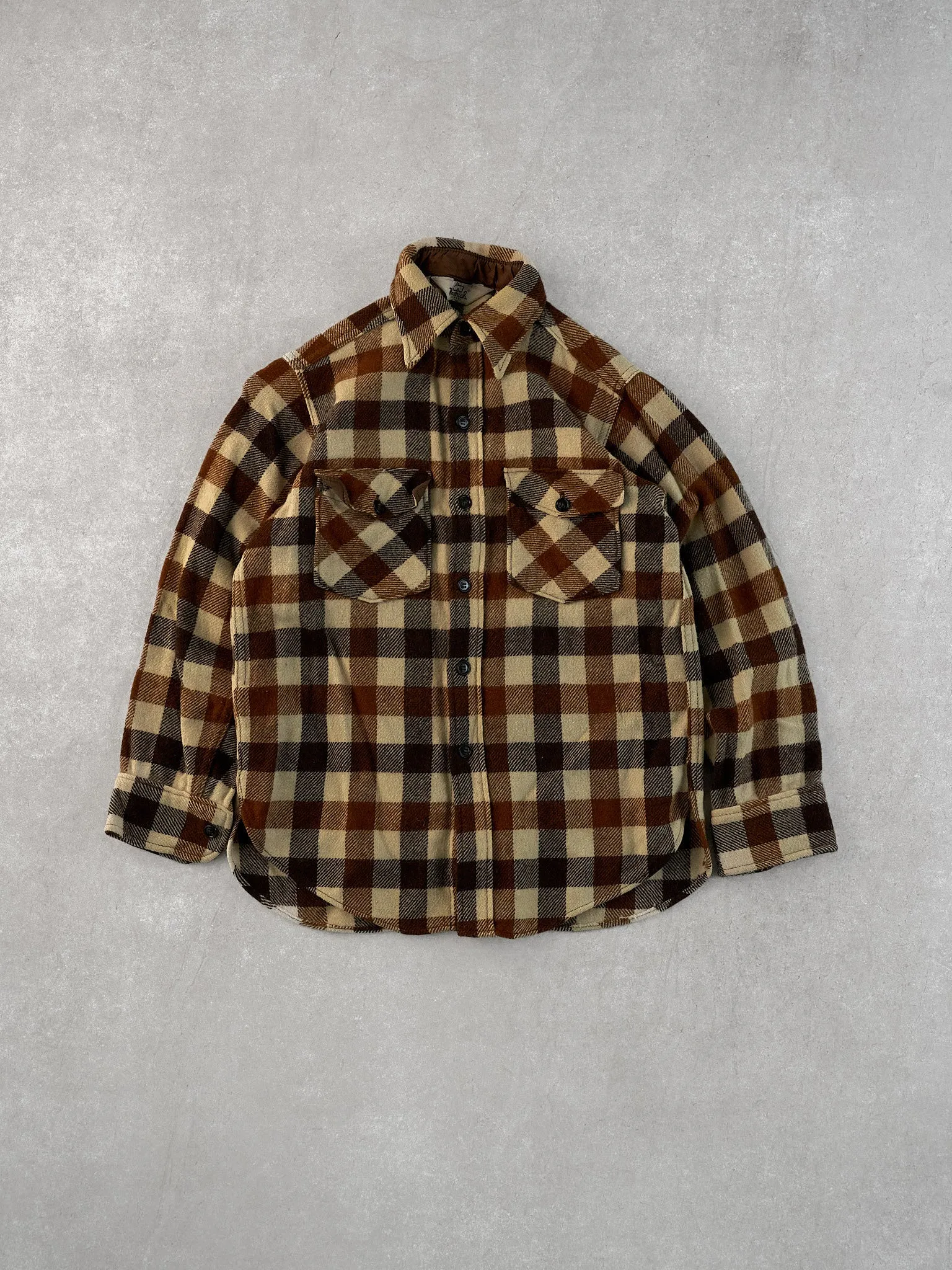 Vintage 90s Brown and Beige Woolrich Plaid Wool Button Up (S) sold by Rebalance Vintage