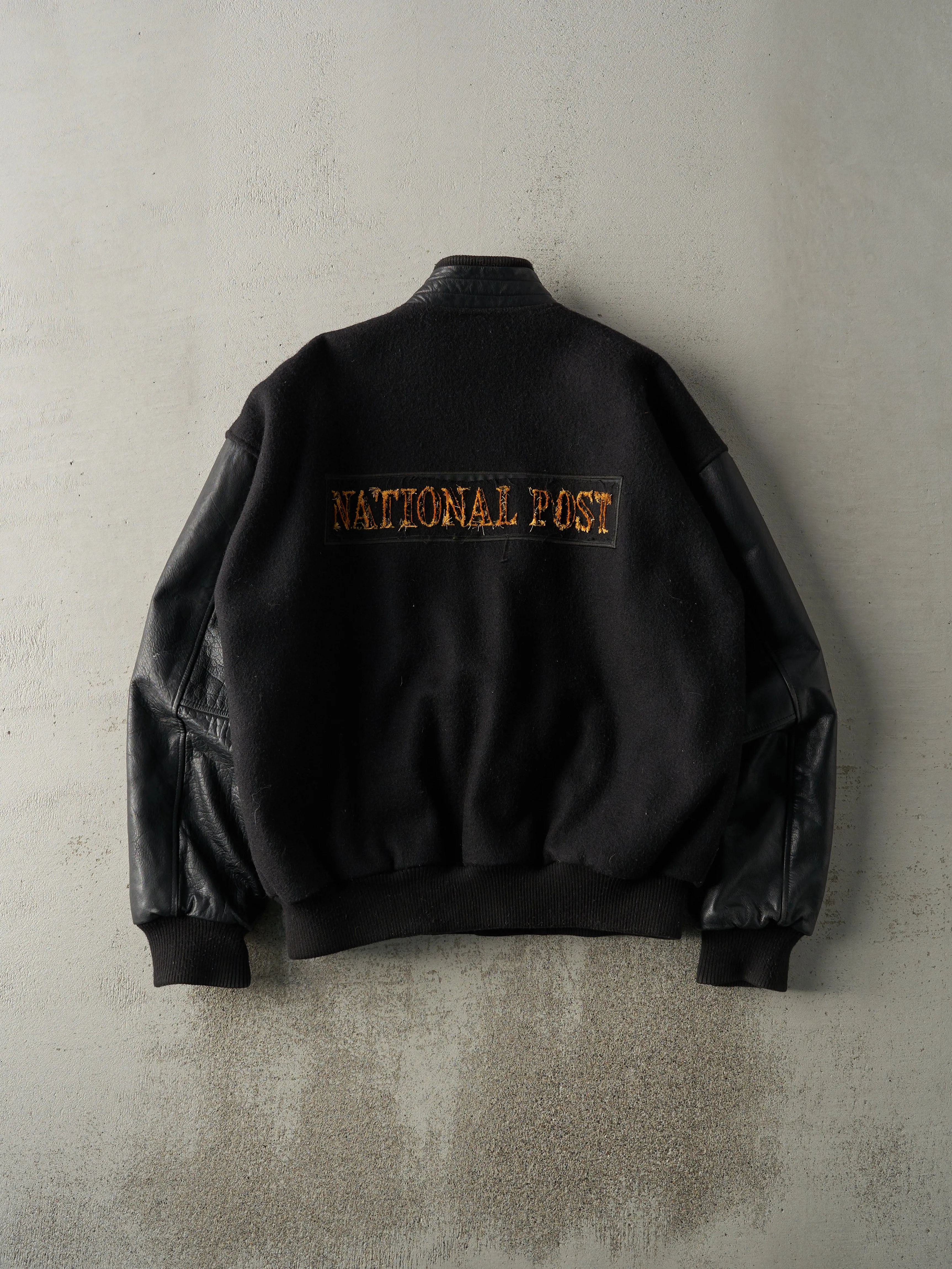 Vintage 90s Black National Post Wool Leather Varsity Jacket (L) sold by Rebalance Vintage product image thumbnail 2
