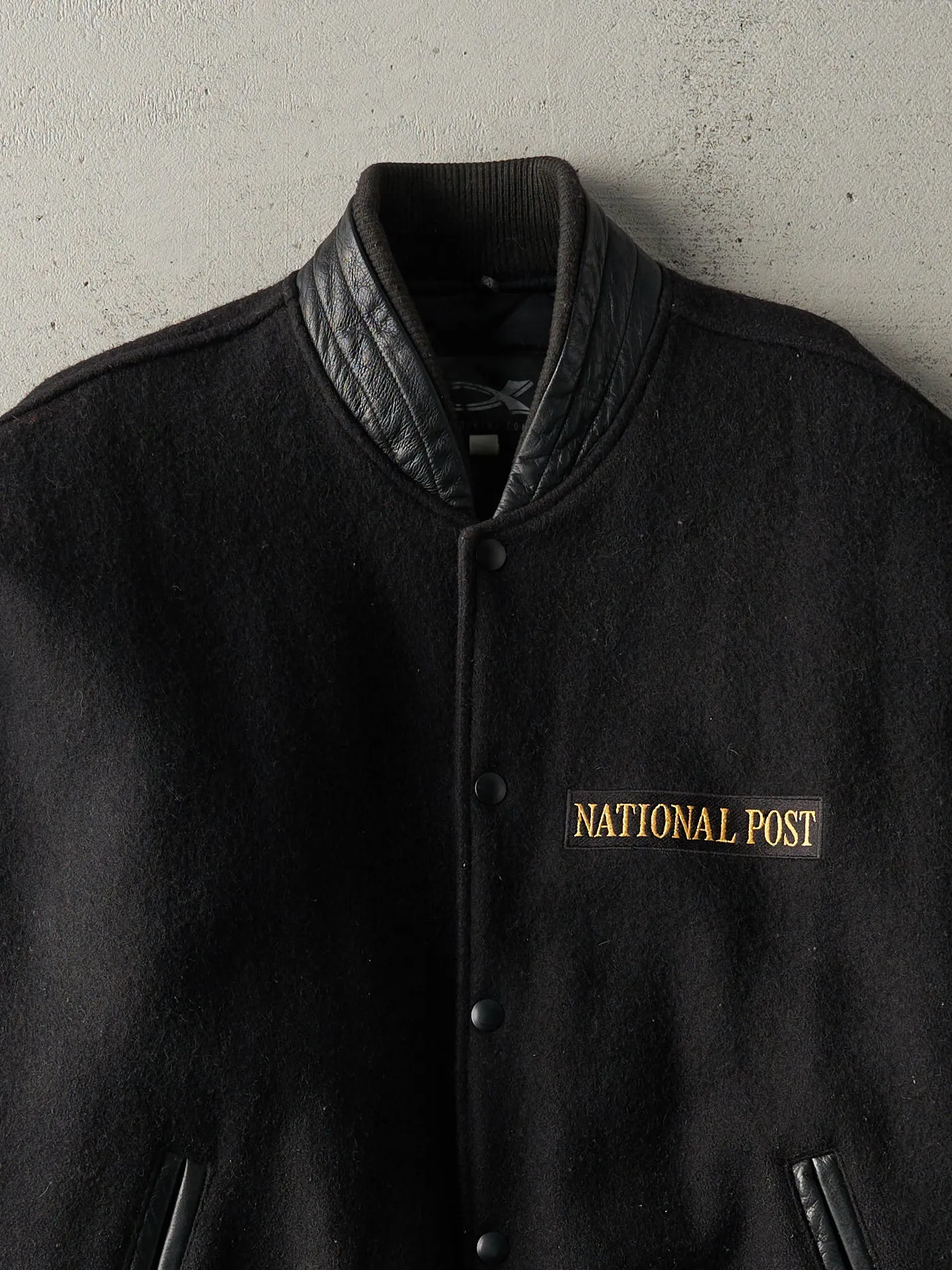 Vintage 90s Black National Post Wool Leather Varsity Jacket (L) sold by Rebalance Vintage product image thumbnail 3