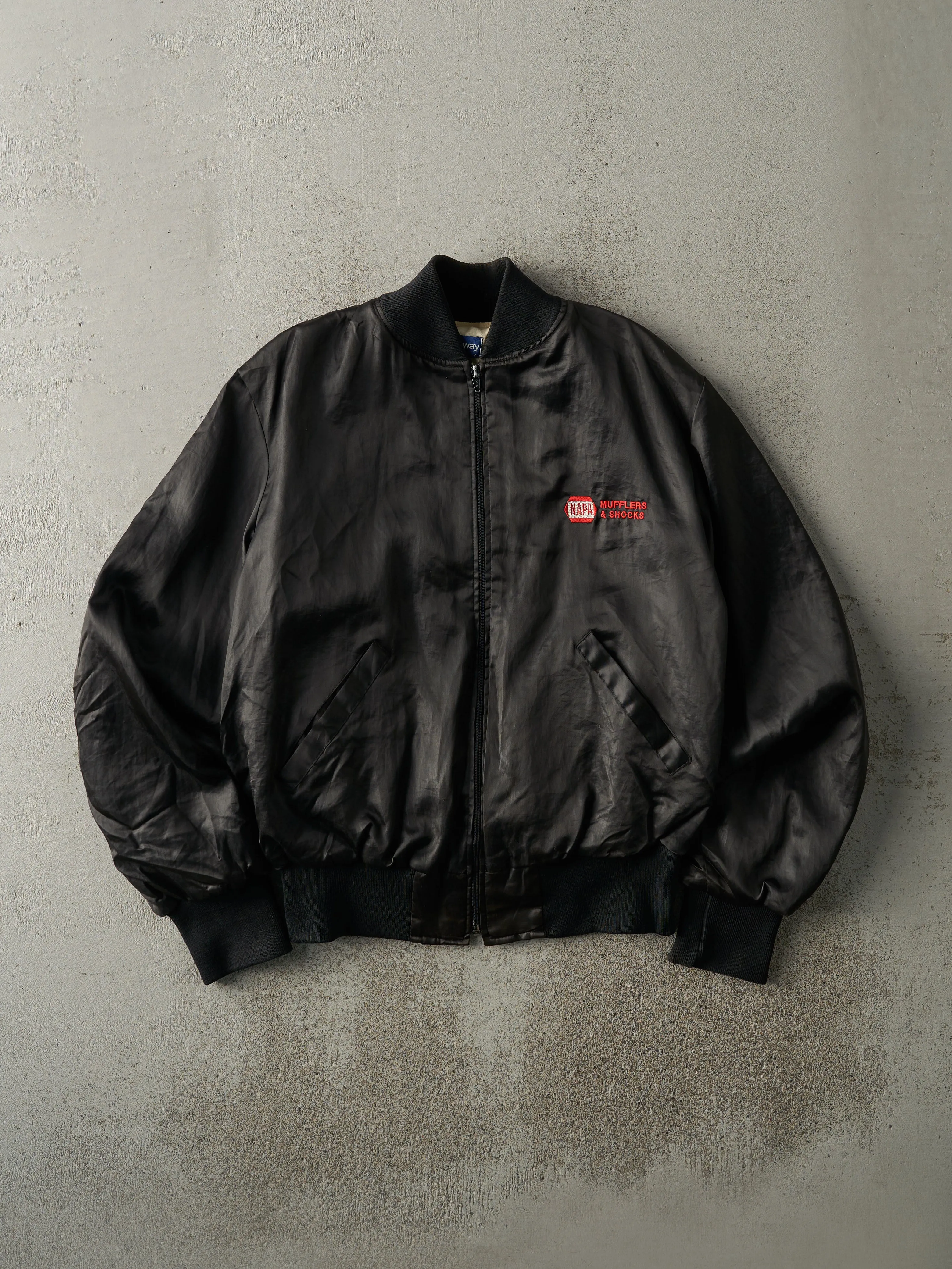 Vintage 80s Black Embroidered Napa Satin Bomber Jacket (M) sold by Rebalance Vintage