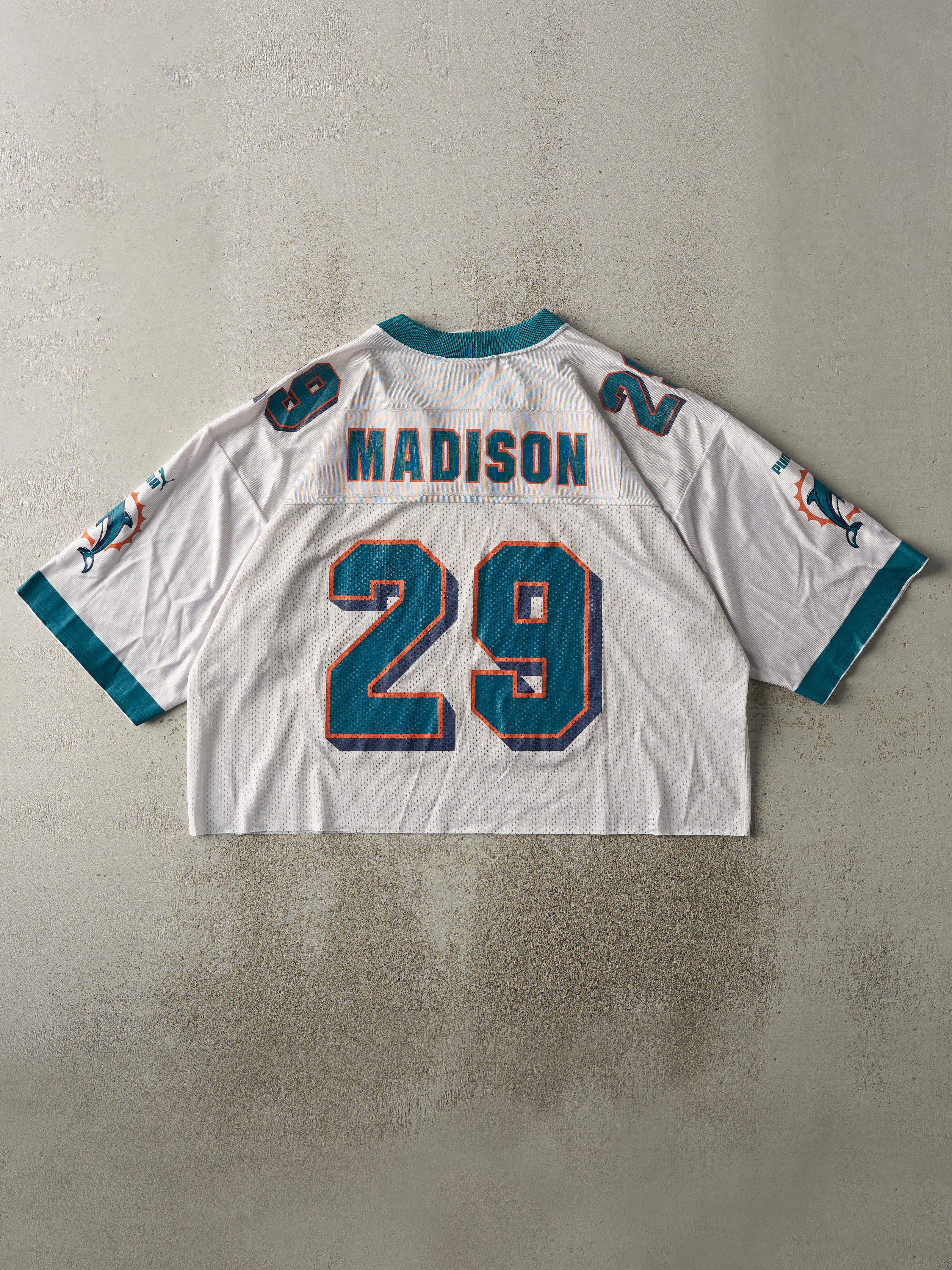 Vintage Y2K White & Teal Puma Miami Dolphins #29 Sam Maddison Cropped Jersey (L) sold by Rebalance Vintage product image thumbnail 2