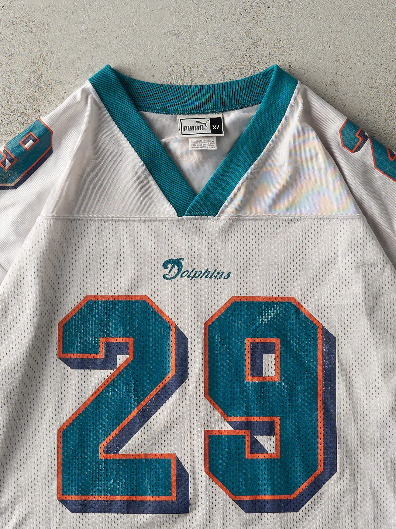 Vintage Y2K White & Teal Puma Miami Dolphins #29 Sam Maddison Cropped Jersey (L) sold by Rebalance Vintage product image thumbnail 3