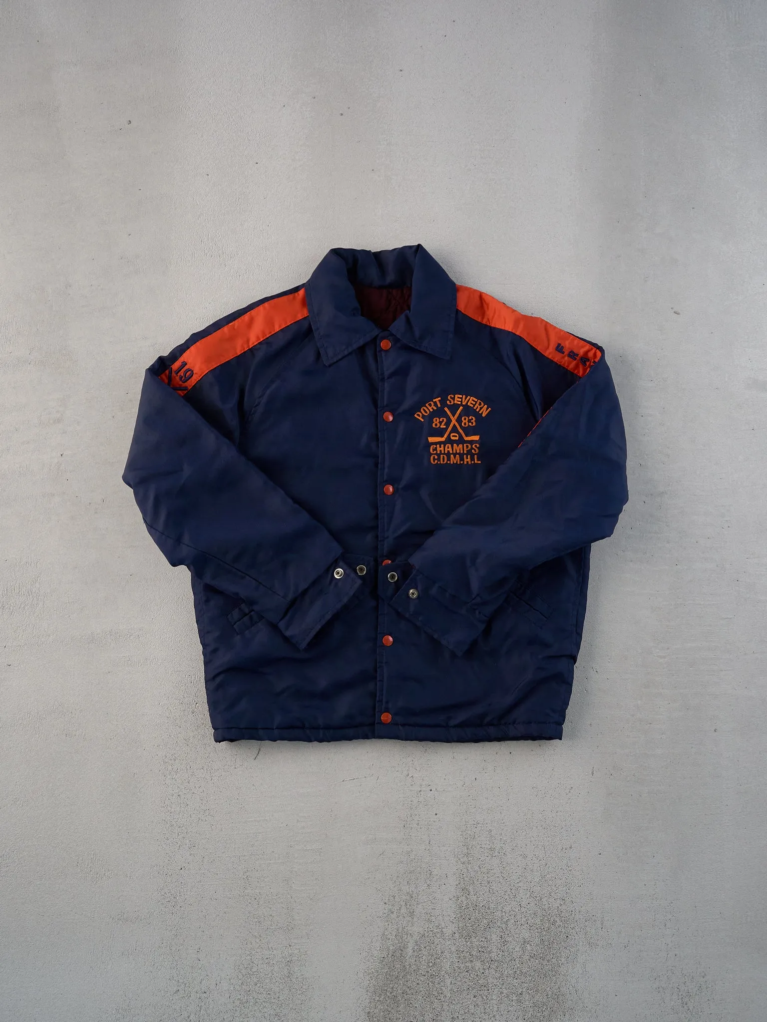 Vintage 83' Navy Blue and Red Port Severn Hockey Champs Button Up (M) sold by Rebalance Vintage