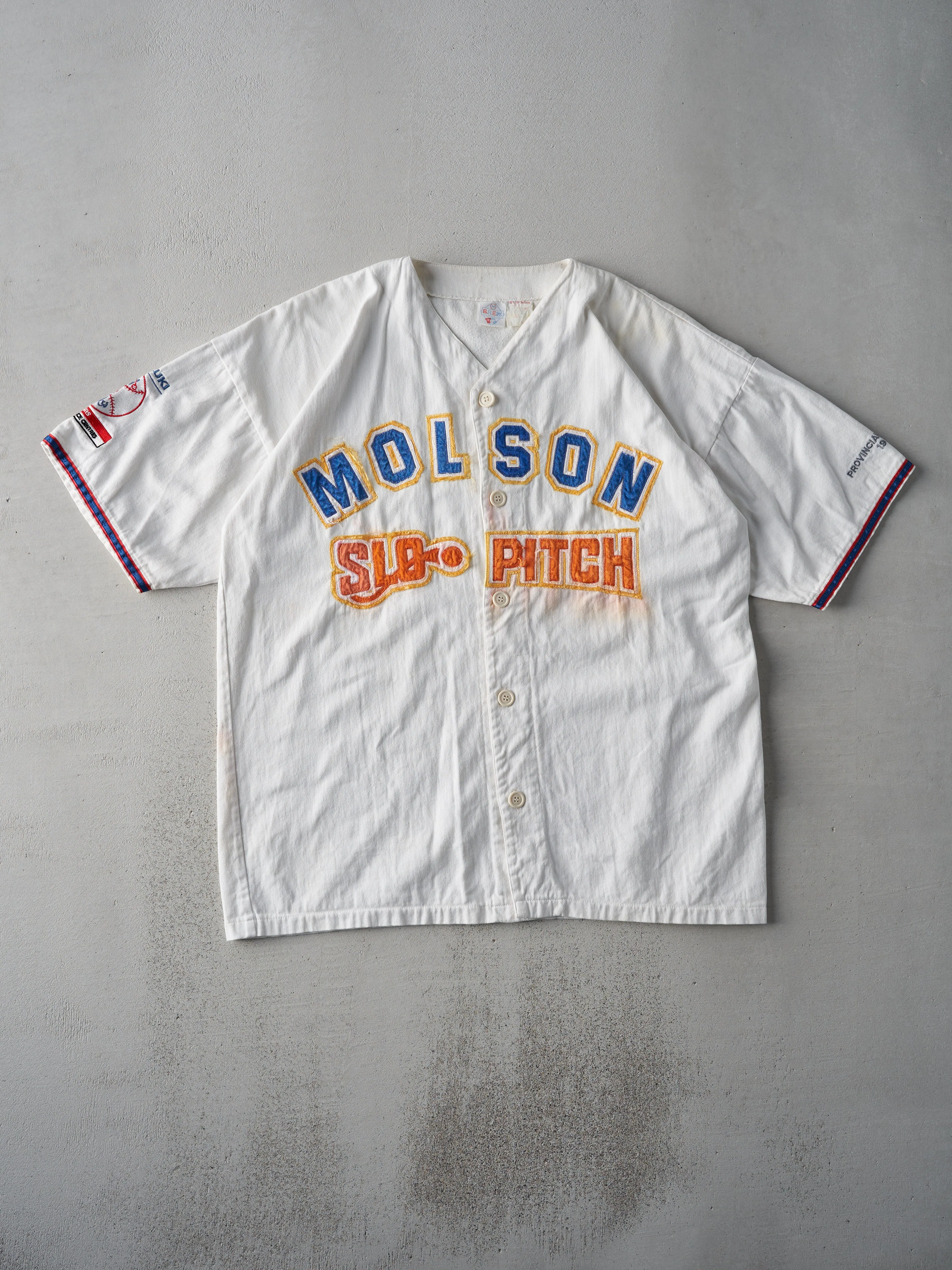 Vintage 93' White Molson SLO Pitch Cotton Baseball Jersey (L) sold by Rebalance Vintage