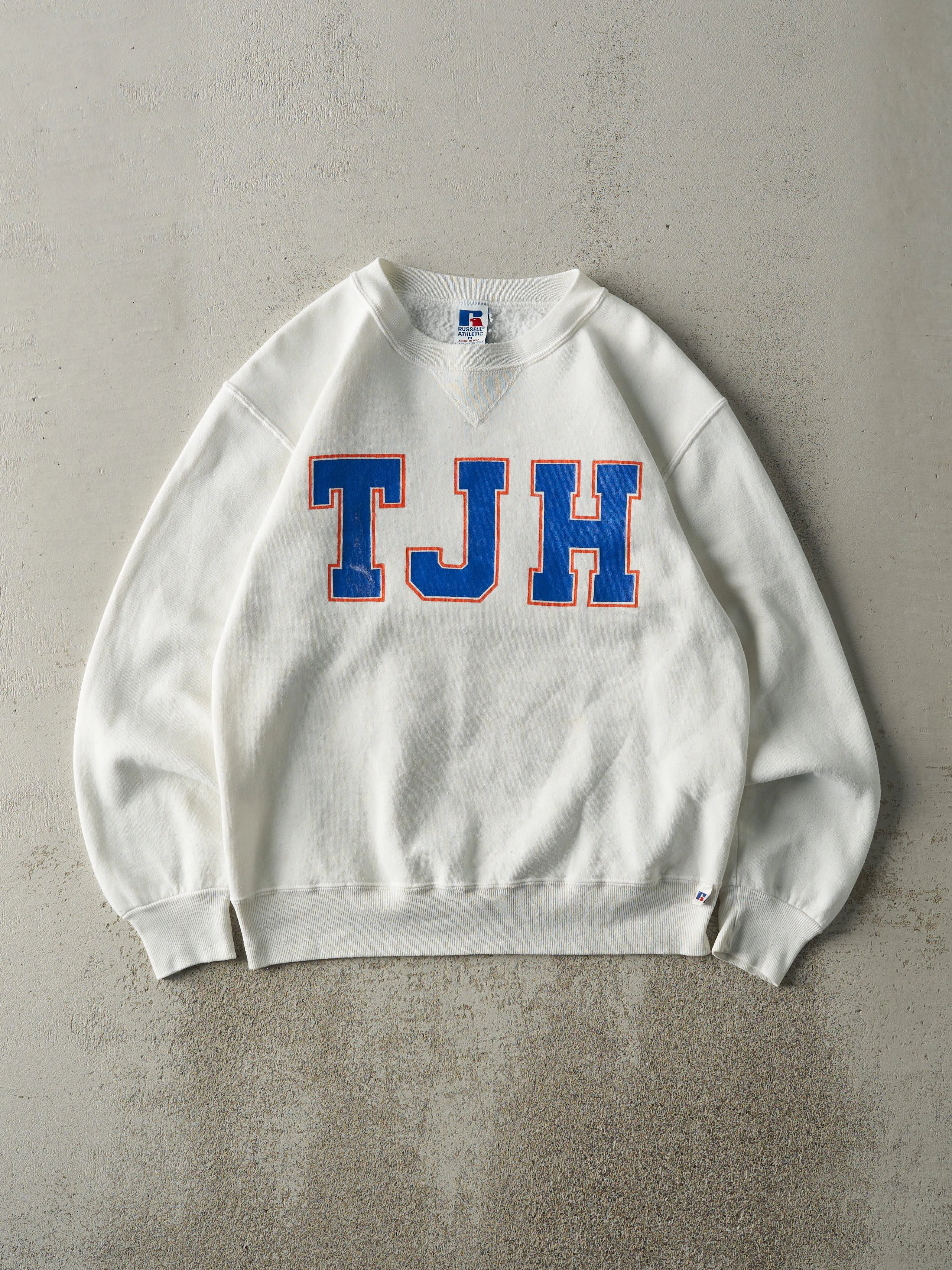 Vintage 90s White TJH Russell Athletics Crewneck (M) sold by Rebalance Vintage