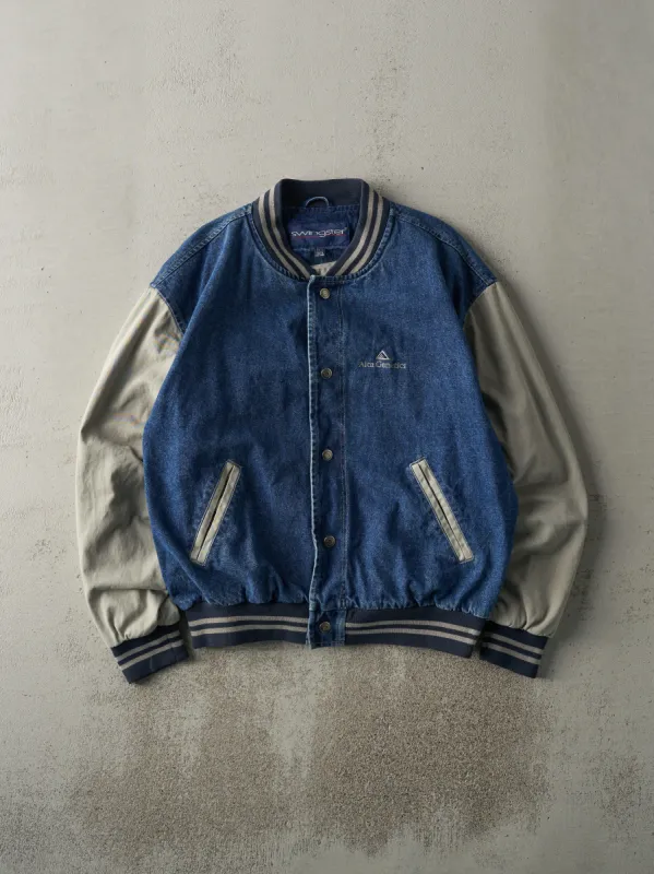 Vintage 90s Dark Wash Denim Varsity Jacket (L) sold by Rebalance Vintage