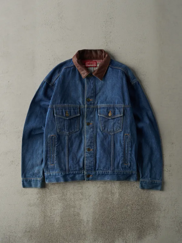 Vintage 80s Dark Wash Marlboro Leather Collared Denim Jacket (M) sold by Rebalance Vintage