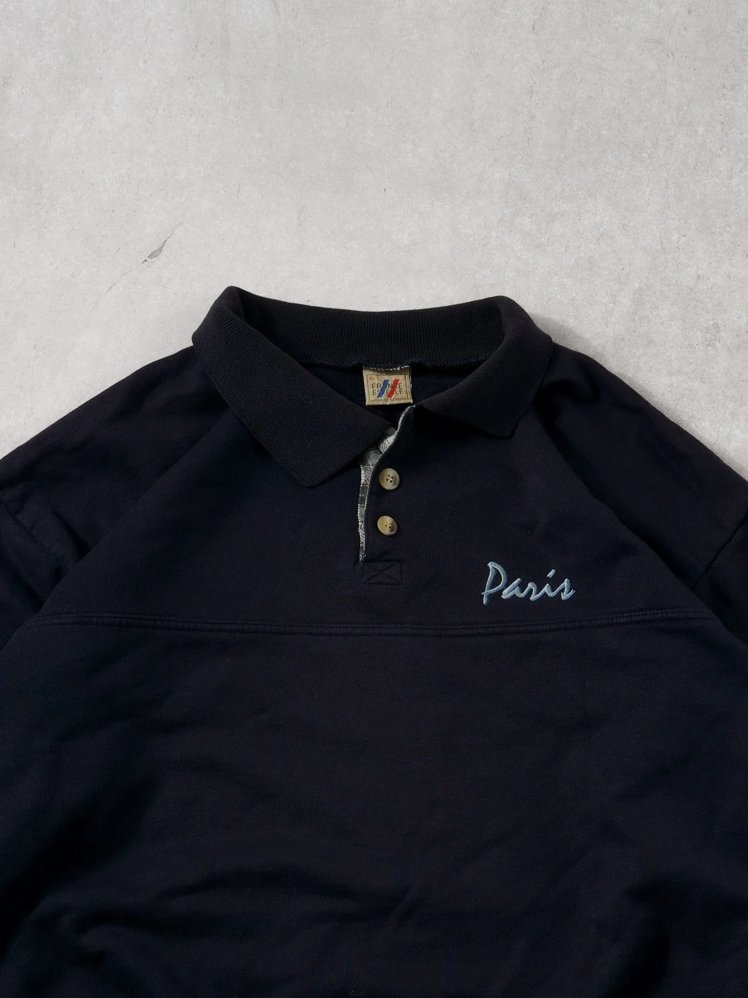 Vintage 80s Navy Blue Paris 1/4 Button Sweatshirt (L) sold by Rebalance Vintage product image thumbnail 2