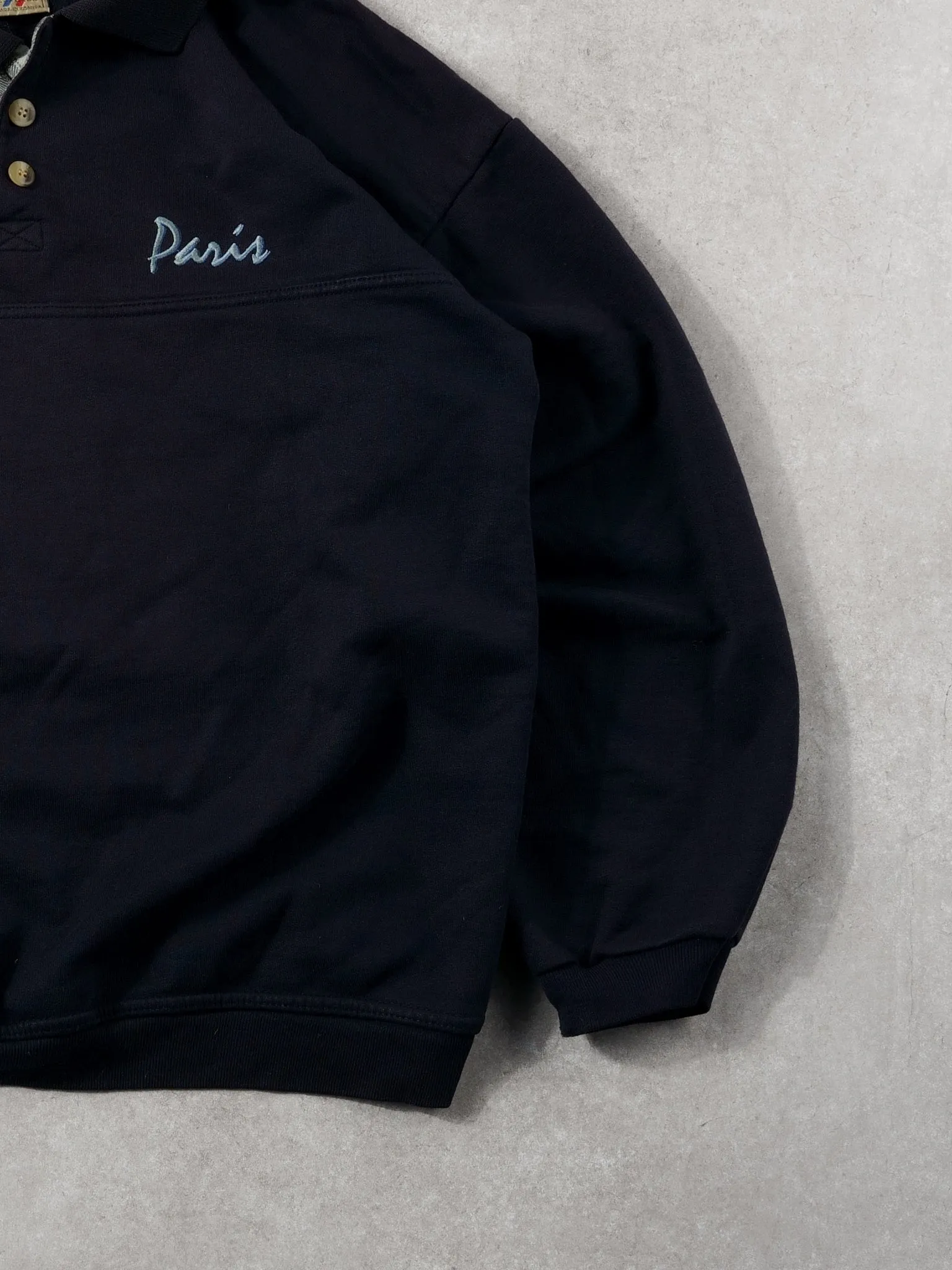 Vintage 80s Navy Blue Paris 1/4 Button Sweatshirt (L) sold by Rebalance Vintage product image thumbnail 3