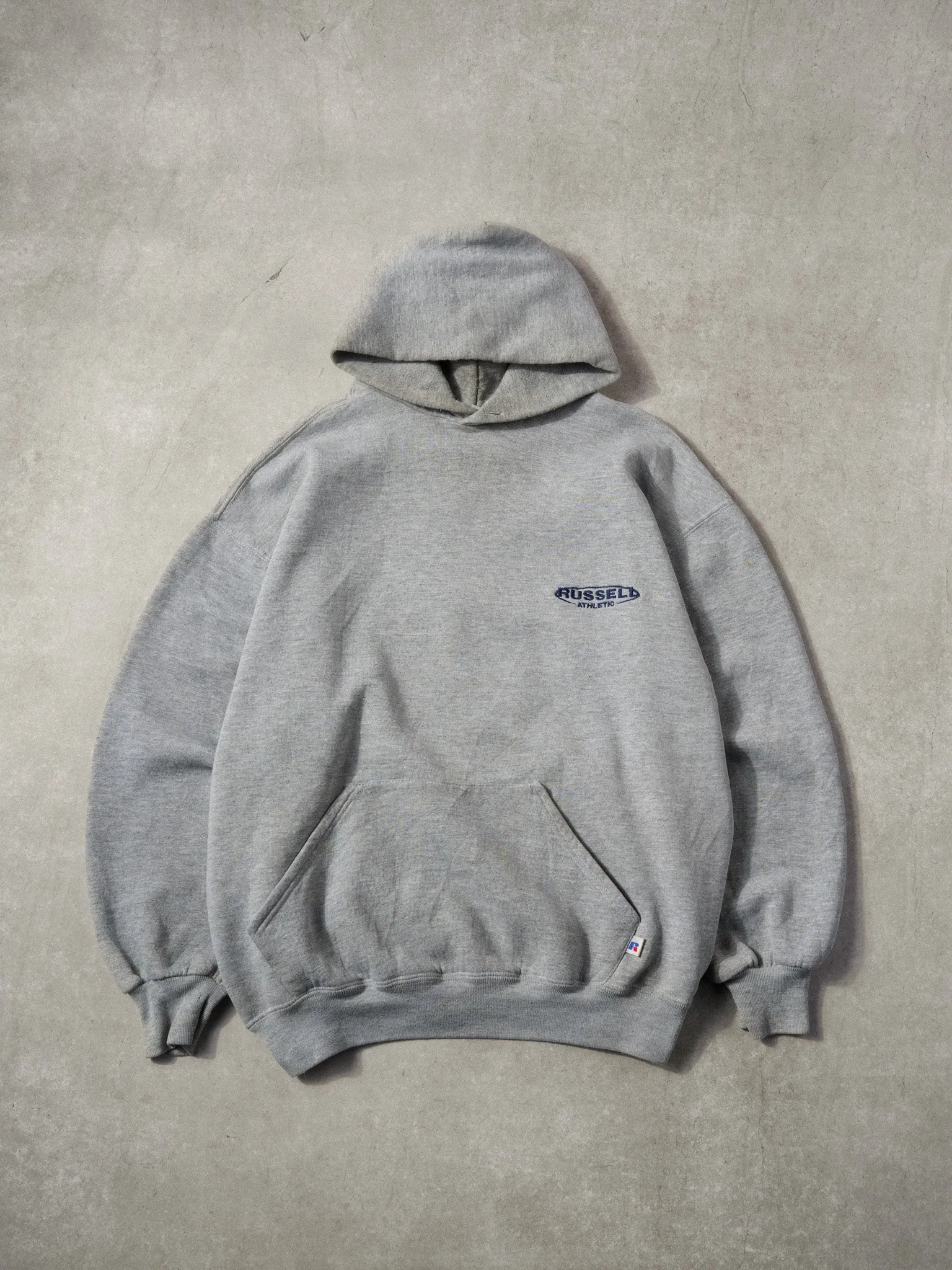 Vintage 90s Grey and Blue Russell Athletics Hoodie (L) sold by Rebalance Vintage