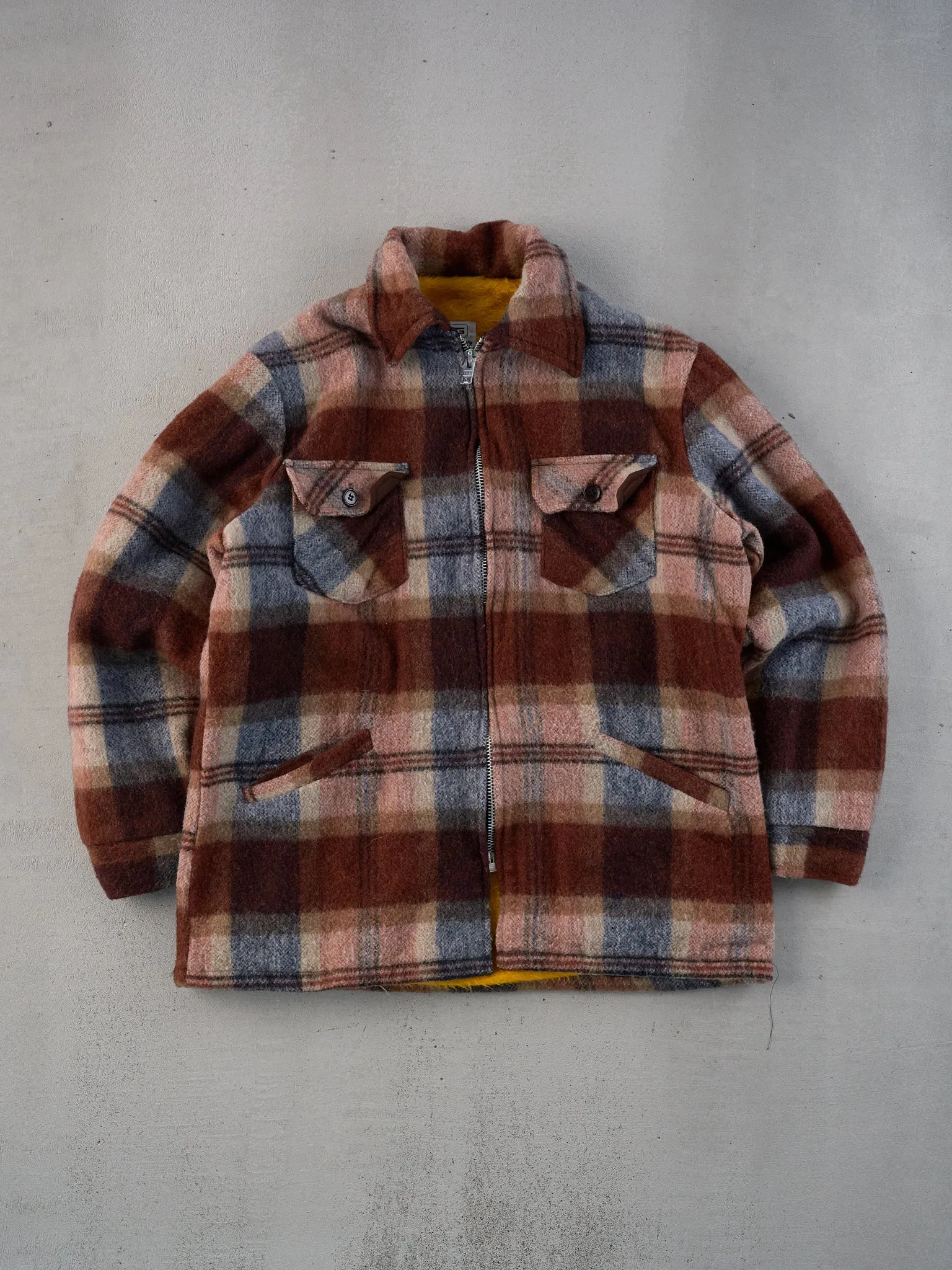 Vintage 70s Brown and Red Collared Flannel Zip Up (L) sold by Rebalance Vintage