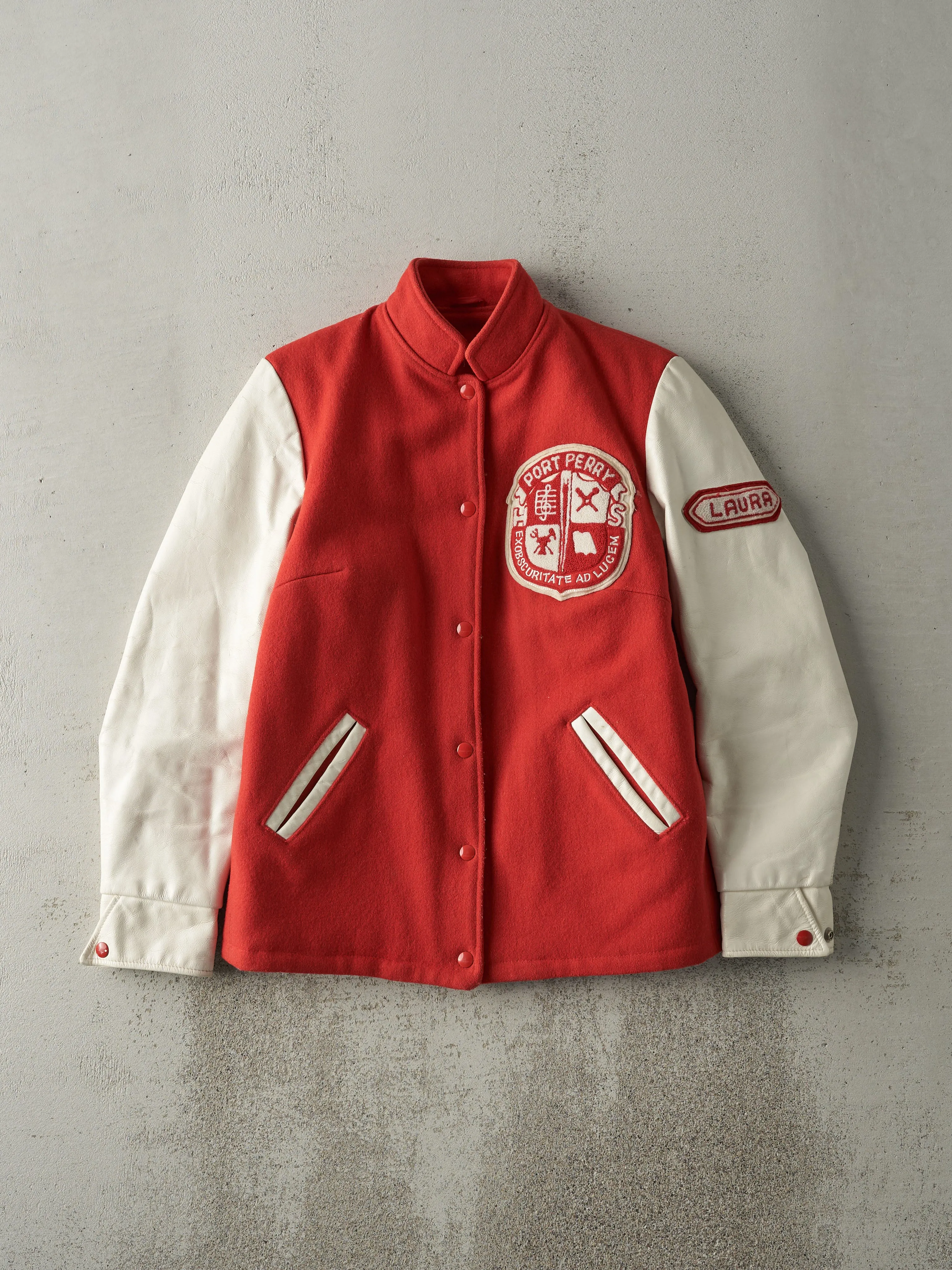 Vintage 90s Red & White Port Perry Varsity Jacket (S) sold by Rebalance Vintage