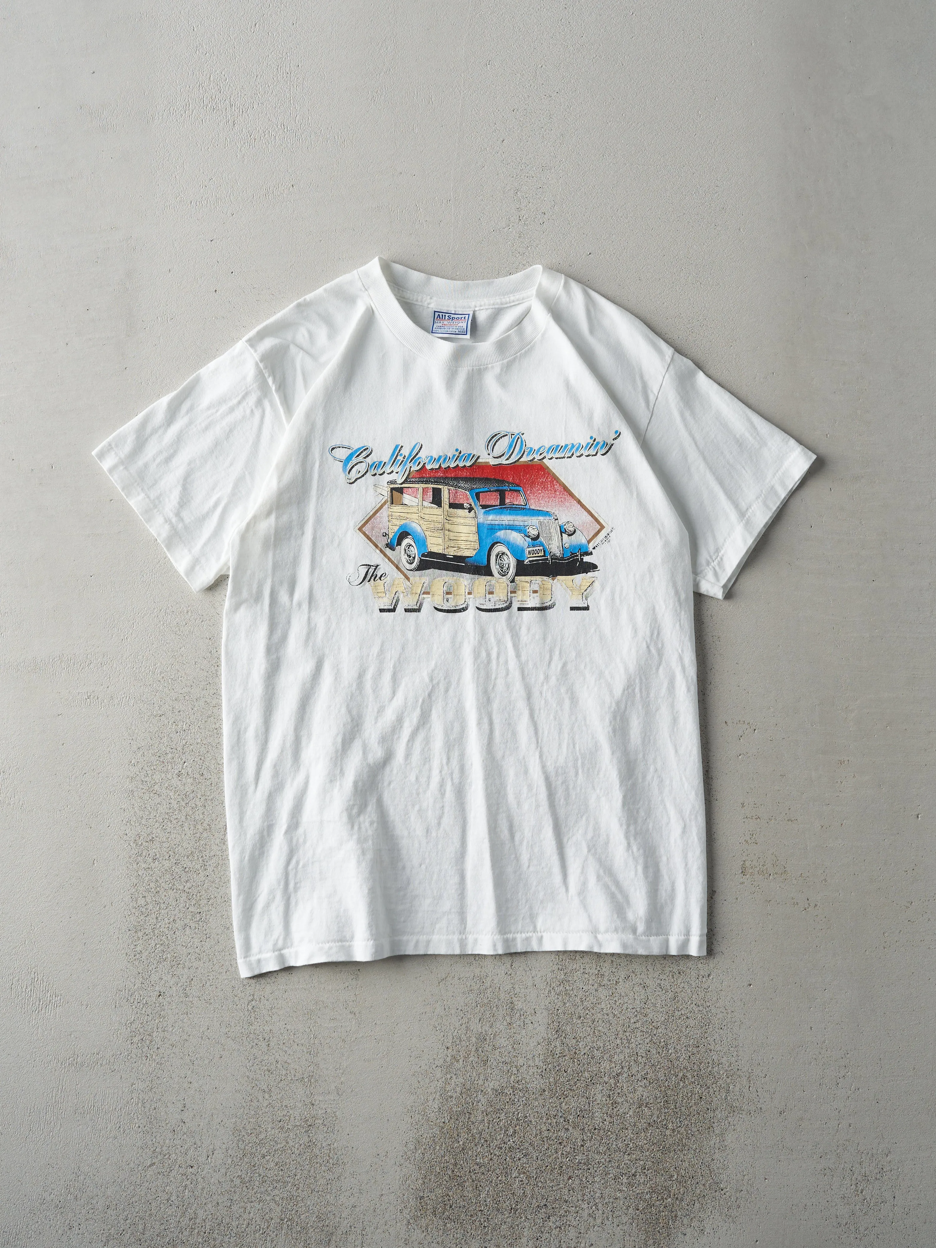 Vintage 90s White "California Dreaming, The Woody" Single Stitch Tee (S) sold by Rebalance Vintage