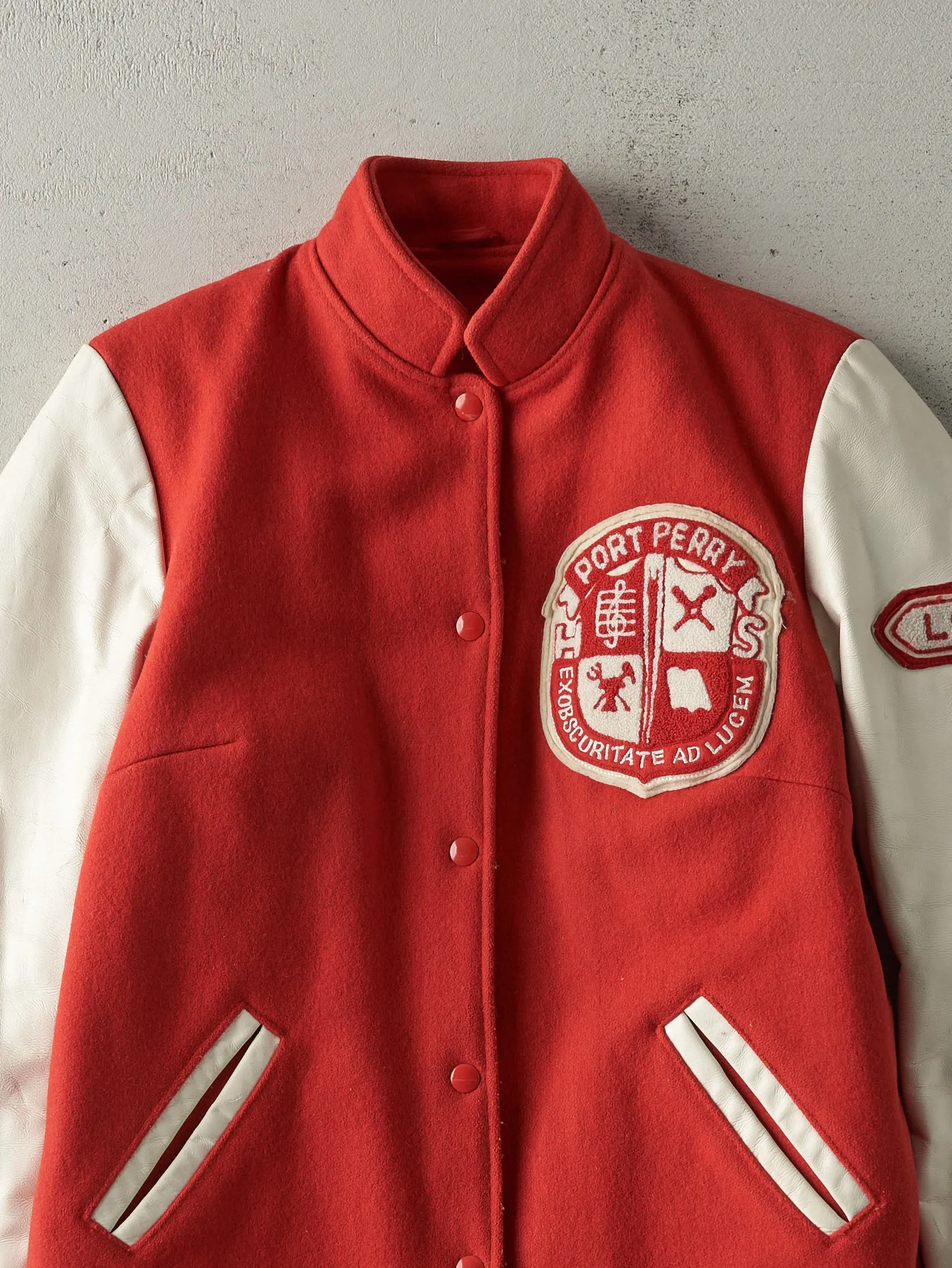 Vintage 90s Red & White Port Perry Varsity Jacket (S) sold by Rebalance Vintage product image thumbnail 3