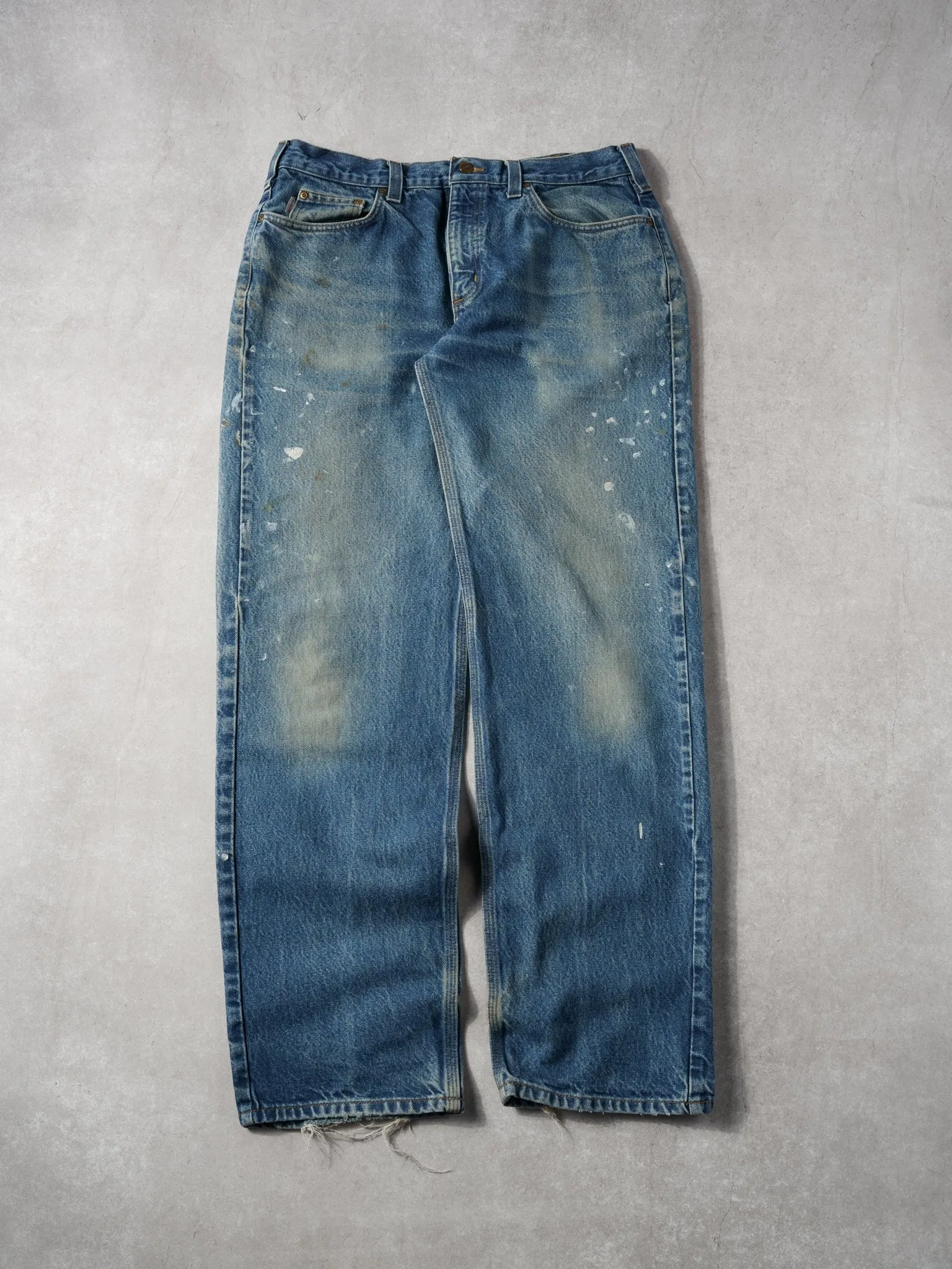 Vintage 90s Blue Carhartt Paint Splatter Denim Jeans (34x34) sold by Rebalance Vintage