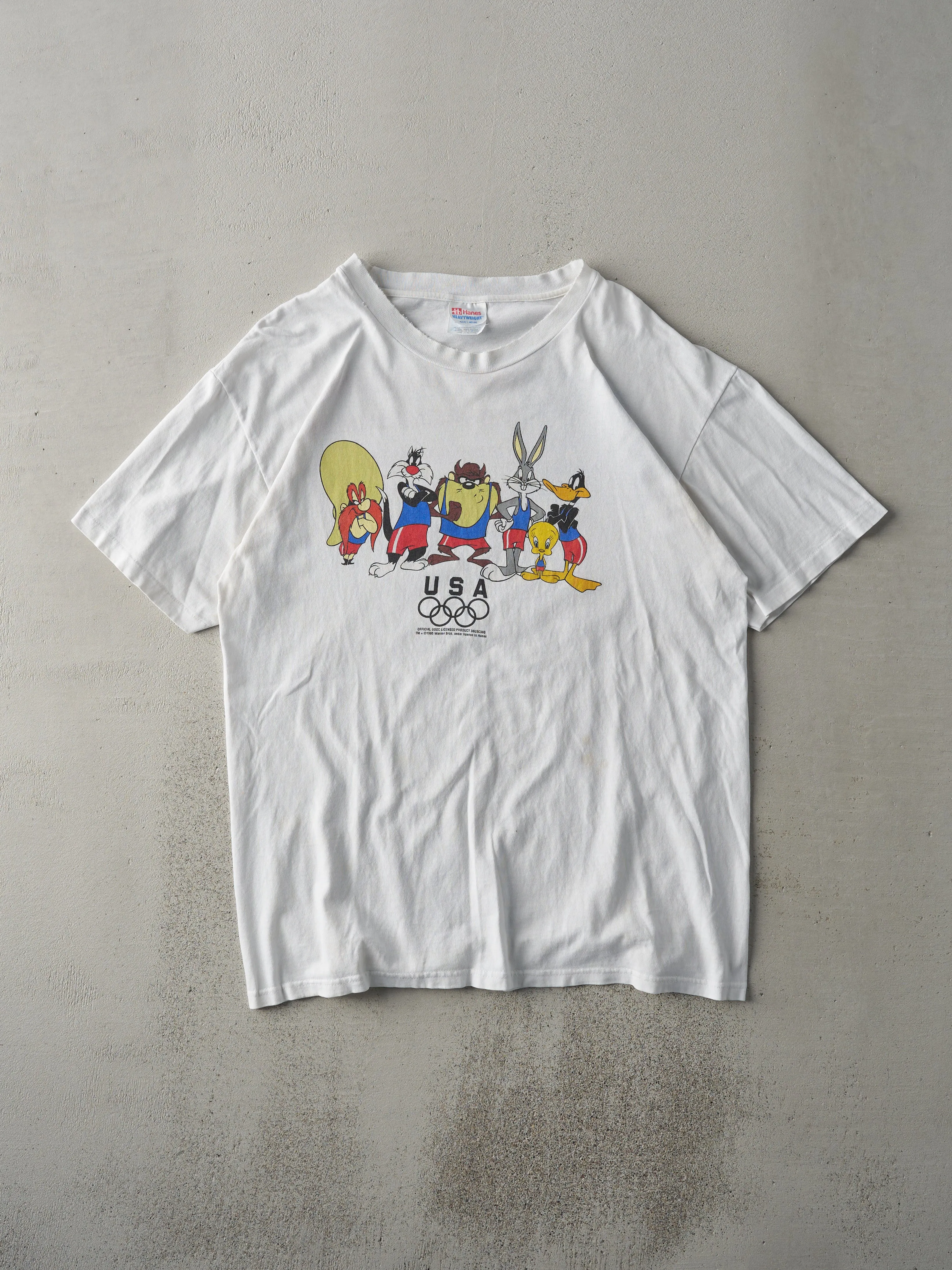Vintage 95' White Looney Tunes USA Olympics Long Tee (M) sold by Rebalance Vintage