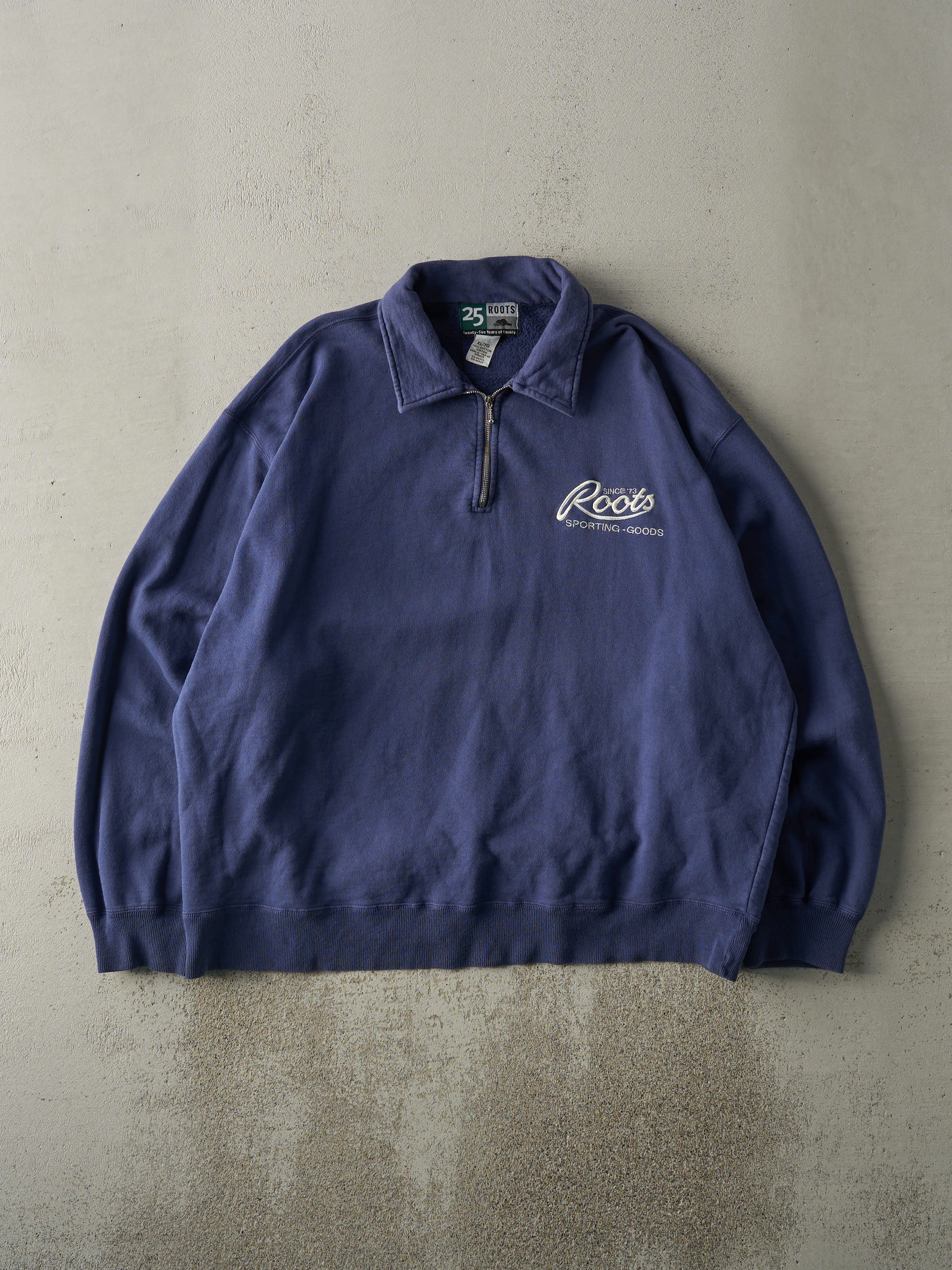 Vintage 90s Navy Blue Roots Embroidered Quater Zip (XL/XXL) sold by Rebalance Vintage