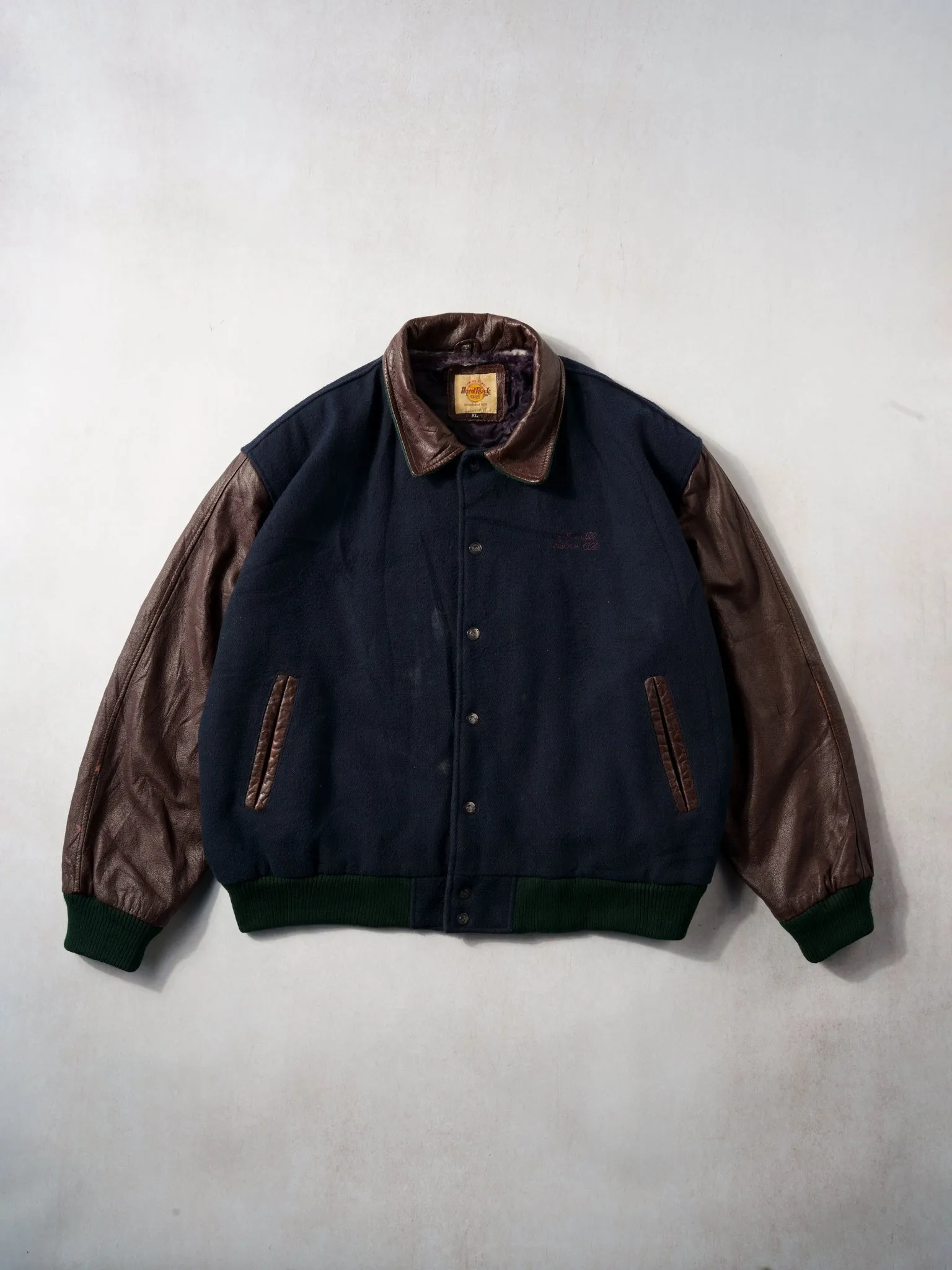 Vintage 90s Blue and Brown Leather Hard Rock Cafe Myrtle Beach Collared Varsity Jacket (XL/XXL) sold by Rebalance Vintage