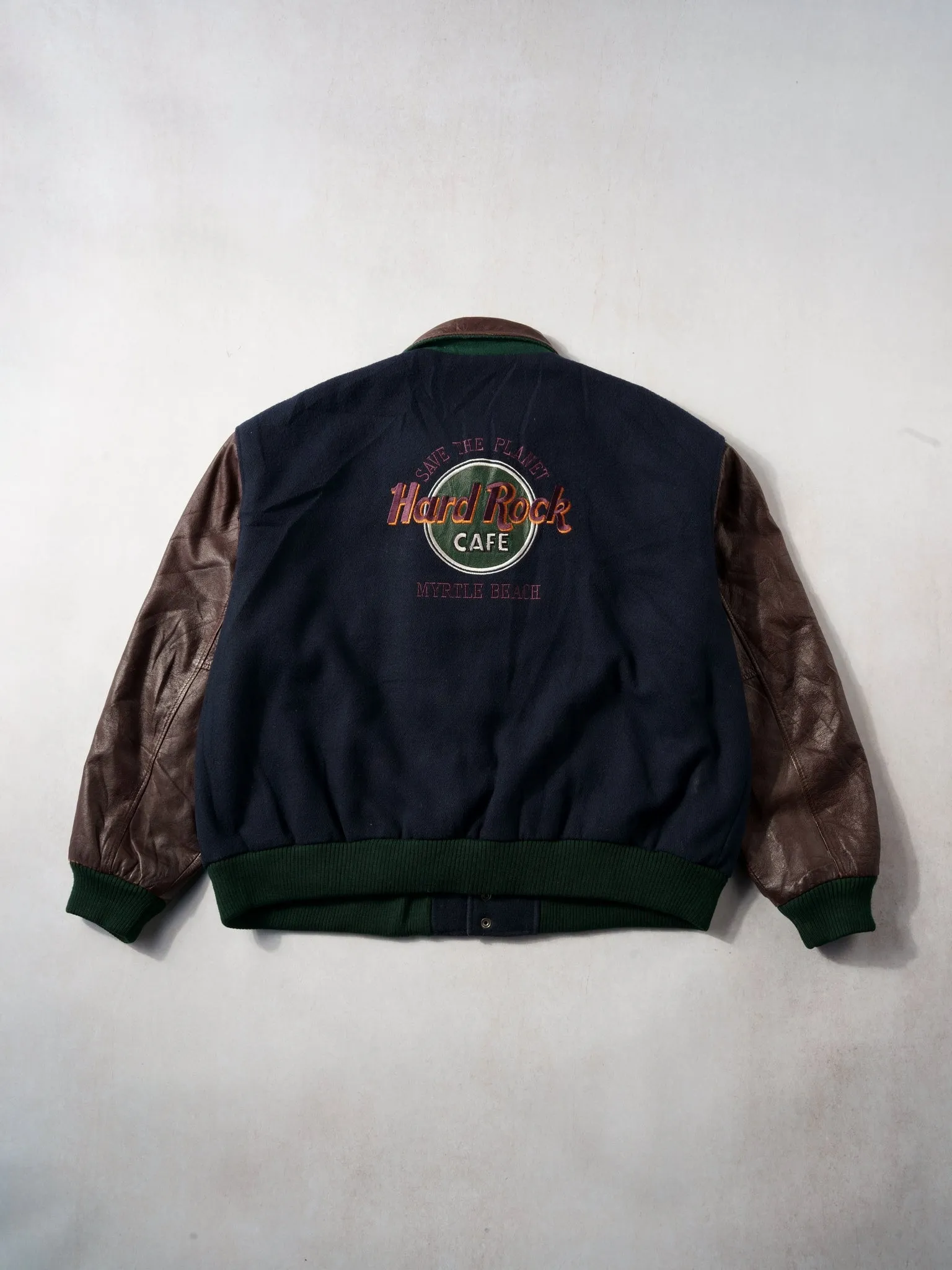 Vintage 90s Blue and Brown Leather Hard Rock Cafe Myrtle Beach Collared Varsity Jacket (XL/XXL) sold by Rebalance Vintage product image thumbnail 2