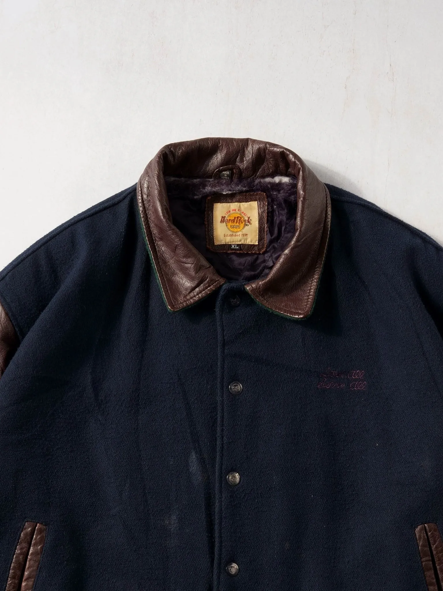 Vintage 90s Blue and Brown Leather Hard Rock Cafe Myrtle Beach Collared Varsity Jacket (XL/XXL) sold by Rebalance Vintage product image thumbnail 3