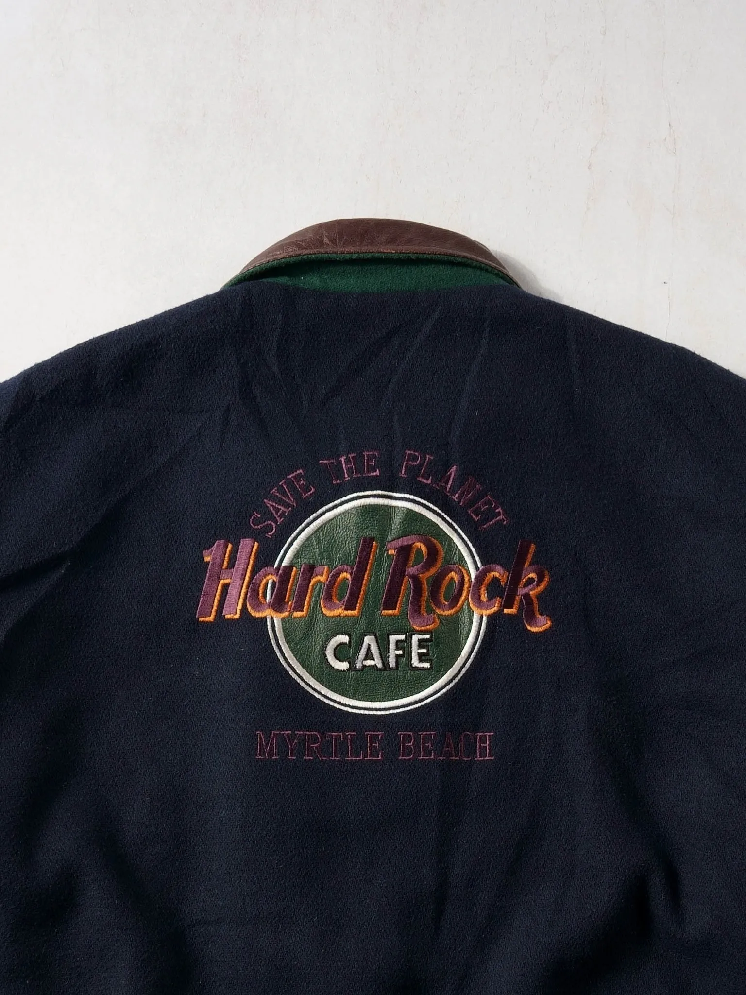 Vintage 90s Blue and Brown Leather Hard Rock Cafe Myrtle Beach Collared Varsity Jacket (XL/XXL) sold by Rebalance Vintage product image thumbnail 4