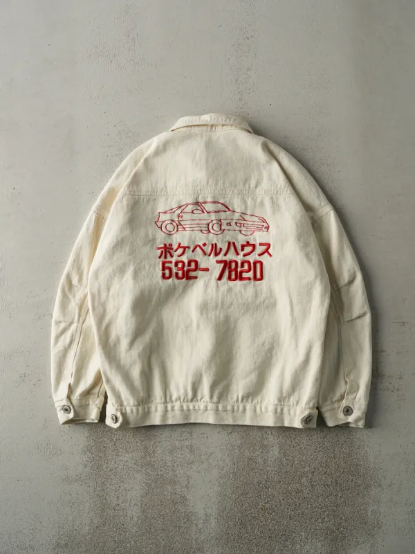 Vintage Y2K Beige Embroidered Car Denim Jacket (M) sold by Rebalance Vintage